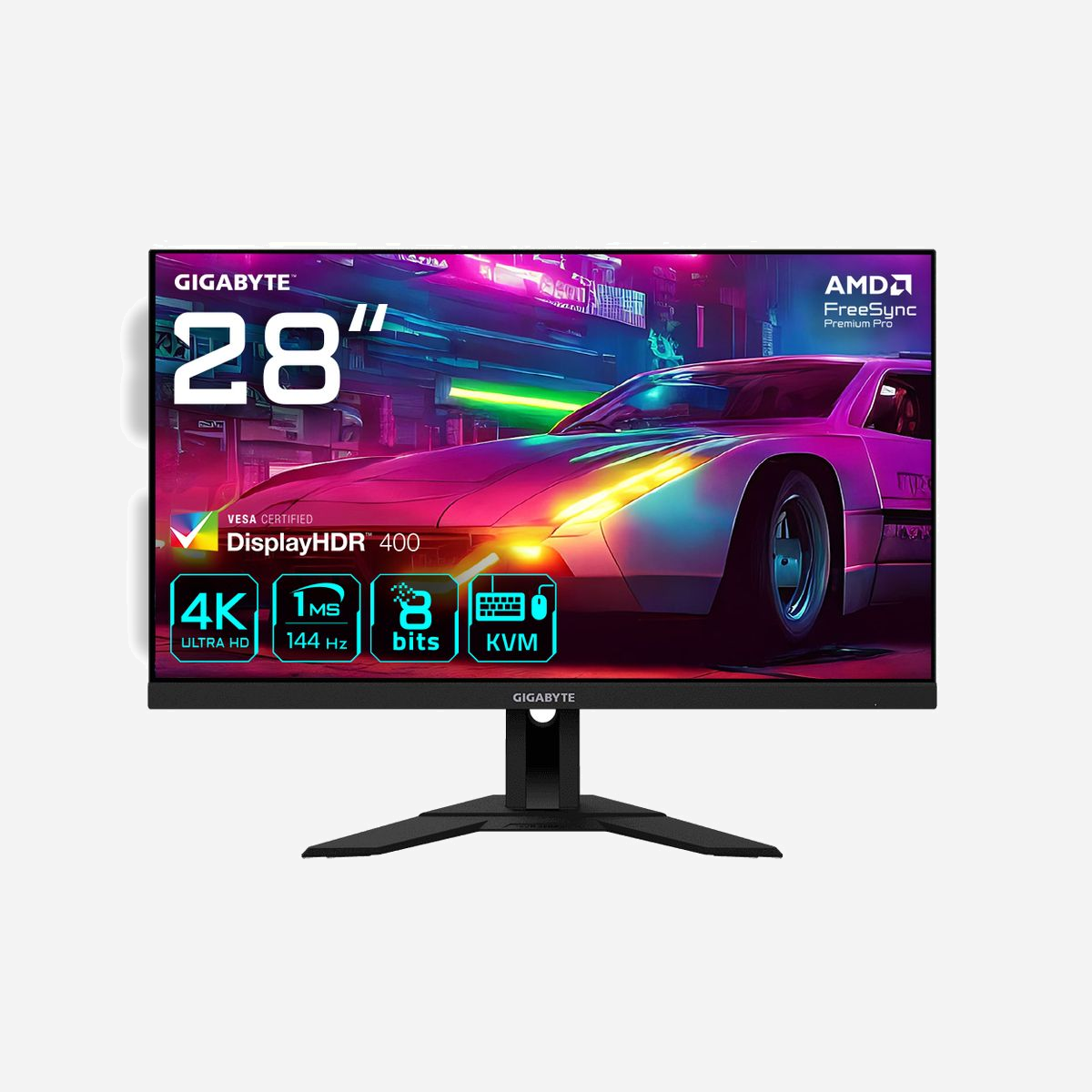 GIGABYTE M28U-EK Moniteur Gaming 28" 4K UHD 3840x2160 144Hz 1ms SS-IPS DisplayHDR400 HDMI 2.1 DisplayPort 1.4 FreeSync Premium Pro - Le GIGABYTE M28U dispose d'un écran UHD de 28 pouces avec un taux de rafraîchissement de 144 Hz, un temps de réponse de 1 ms et des couleurs 8 bits, vous offrant une expérience de jeu fluide et une qualité d'affichage détaillée. Avec un KVM exclusif, le contrôle entre les plateformes est on ne peut plus facile. Profitez à la fois de vos jeux et de votre vie sur le M28U.