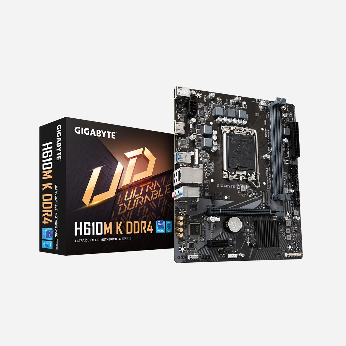 GIGABYTE H610M K DDR4 - Carte mère micro ATX Intel H610 Express LGA 1700, DDR4 jusqu'à 64GB, M.2, SATA III, Realtek ALC897, Gigabit Ethernet - GIGABYTE H610M K DDR4. Fabricant de processeur: Intel, Socket de processeur (réceptable de processeur): LGA 1700, Processeurs compatibles: Intel® Celeron®, Intel® Core™ i3, Intel® Core™ i7, Intel® Core™ i9, Intel® Pentium® Gold. Types de mémoire pris en charge: DDR4-SDRAM, Mémoire interne maximale: 64 Go, Type de support (slot): DIMM. Interfaces de lecteur de stockage prises en charge: M.2, SATA III, Types de lecteurs de stockage pris en charge: HDD & SSD. Résolution maximale: 4096 x 2160 pixels. Connecteur USB: USB Type-A