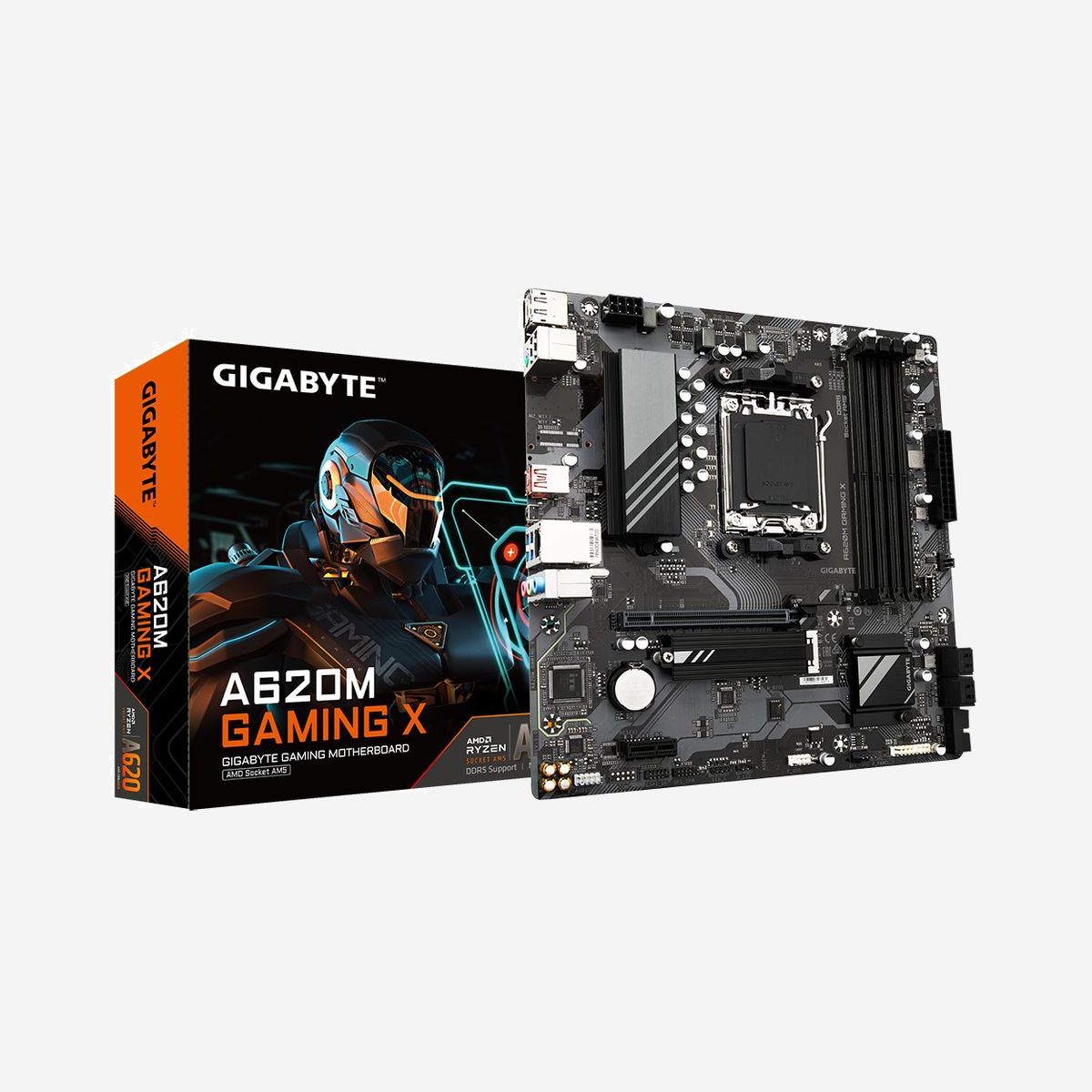 GIGABYTE A620M GAMING X : Carte mère micro ATX AMD A620, Socket AM5, DDR5-SDRAM jusqu'à 192Go, M.2, SATA III, HDMI 2.1, DisplayPort 1.4 - GIGABYTE A620M GAMING X. Fabricant de processeur: AMD, Socket de processeur (réceptable de processeur): Emplacement AM5, Processeurs compatibles: AMD Ryzen 7000 Series. Types de mémoire pris en charge: DDR5-SDRAM, Mémoire interne maximale: 192 Go, Type de support (slot): DIMM. Interfaces de lecteur de stockage prises en charge: M.2, SATA III, Types de lecteurs de stockage pris en charge: HDD & SSD, Niveaux RAID: 0, 1, 10. Résolution maximale: 4096 x 2160 pixels. Connecteur USB: USB Type-A, USB Type-C