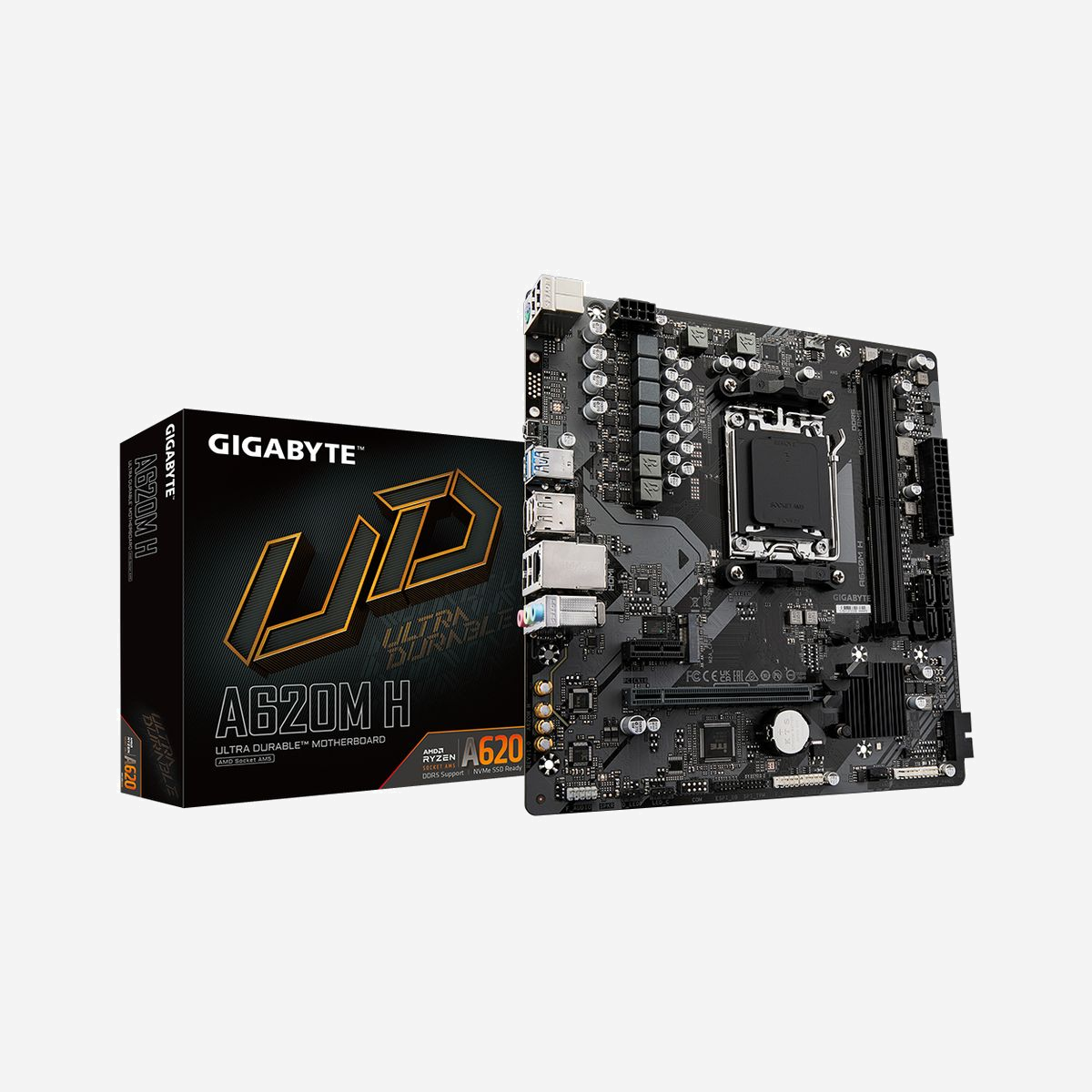 GIGABYTE A620M H : Carte mère AMD A620 micro ATX Socket AM5, DDR5-SDRAM 96Go max, M.2/SATA III, RAID 0/1/10, HDMI 2.1/DP 1.4, USB 3.2 Gen 1 - GIGABYTE A620M H. Fabricant de processeur: AMD, Socket de processeur (réceptable de processeur): Emplacement AM5, Processeurs compatibles: AMD Ryzen 7000 Series. Types de mémoire pris en charge: DDR5-SDRAM, Mémoire interne maximale: 96 Go, Type de support (slot): DIMM. Interfaces de lecteur de stockage prises en charge: M.2, SATA III, Types de lecteurs de stockage pris en charge: HDD & SSD, Niveaux RAID: 0, 1, 10. Résolution maximale: 4096 x 2160 pixels. Connecteur USB: USB Type-A, USB Type-C