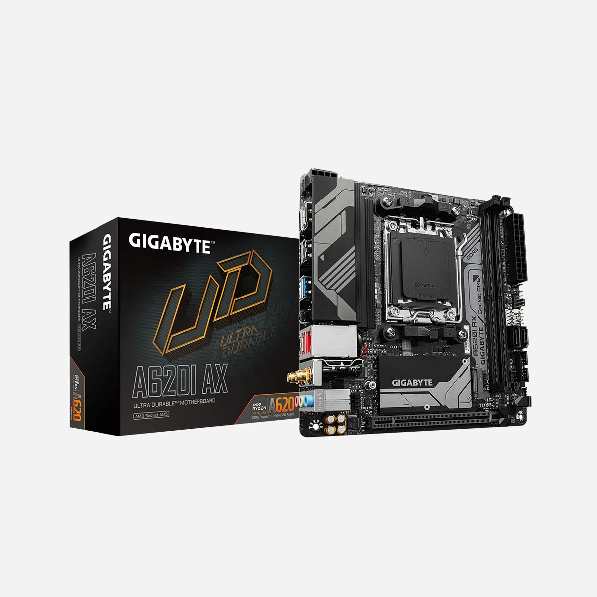 GIGABYTE A620I AX Carte Mère AMD A620 Mini ITX Socket AM5 Ryzen 7000 DDR5-SDRAM 96Go Max, M.2, SATA III, 2.5GbE, WiFi 6E, Bluetooth 5.3 - GIGABYTE A620I AX. Fabricant de processeur: AMD, Socket de processeur (réceptable de processeur): Emplacement AM5, Processeurs compatibles: AMD Ryzen 7000 Series. Types de mémoire pris en charge: DDR5-SDRAM, Mémoire interne maximale: 96 Go, Type de support (slot): DIMM. Interfaces de lecteur de stockage prises en charge: M.2, SATA III, Types de lecteurs de stockage pris en charge: HDD & SSD, Niveaux RAID: 0, 1. Résolution maximale: 4096 x 2160 pixels. Connecteur USB: USB Type-A, USB Type-C