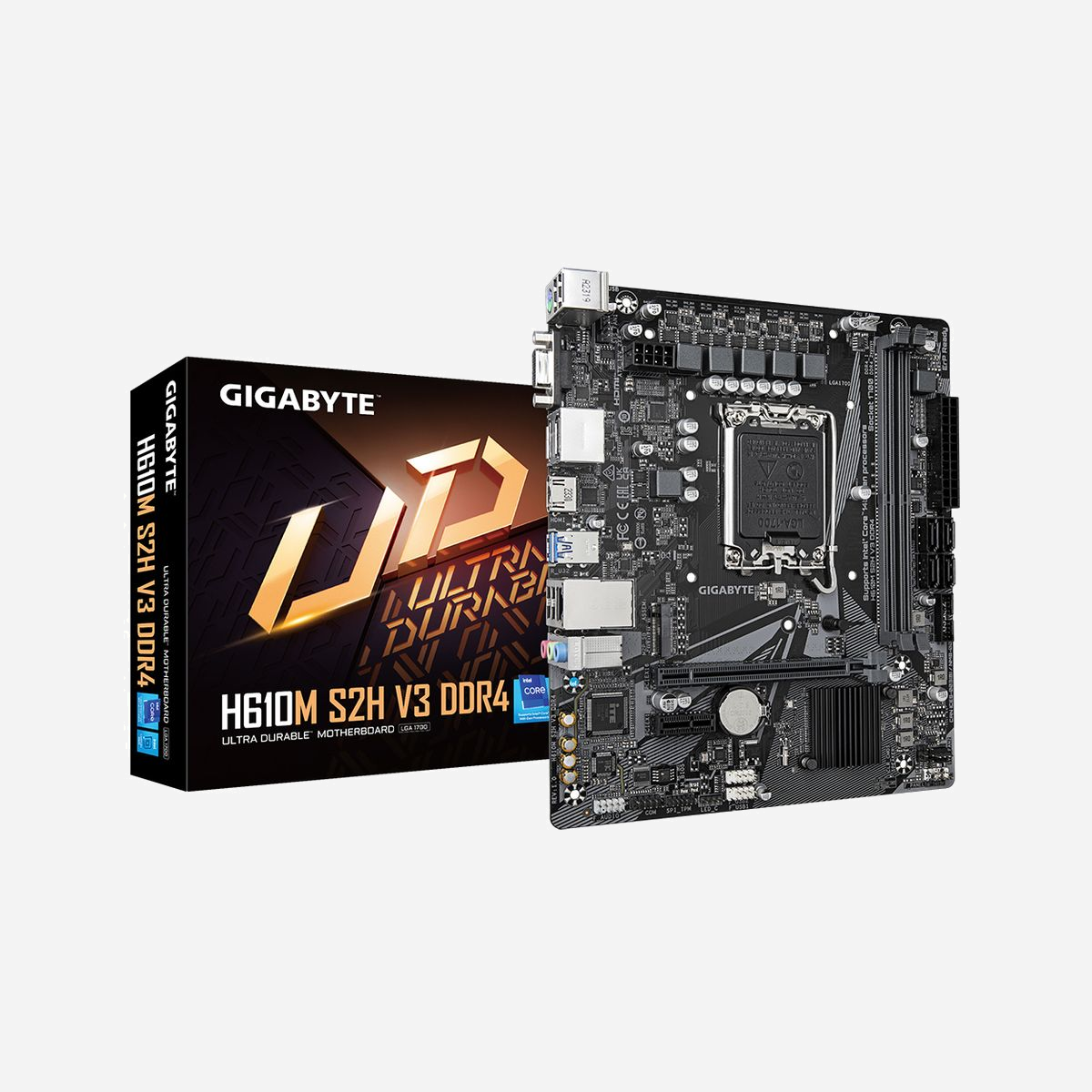 GIGABYTE H610M S2H V3 DDR4 - Carte mère micro ATX Intel H610 Express LGA 1700, DDR4 64GB max, M.2, SATA III, Gigabit Ethernet - GIGABYTE H610M S2H V3 DDR4. Fabricant de processeur: Intel, Socket de processeur (réceptable de processeur): LGA 1700, Processeurs compatibles: Intel® Core™ i3, Intel® Core™ i5, Intel® Core™ i7. Types de mémoire pris en charge: DDR4-SDRAM, Mémoire interne maximale: 64 Go, Type de support (slot): DIMM. Interfaces de lecteur de stockage prises en charge: M.2, SATA III, Types de lecteurs de stockage pris en charge: HDD & SSD. Résolution maximale: 4096 x 2304 pixels. Connecteur USB: USB Type-A