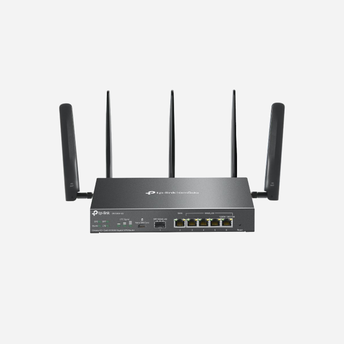 TP-Link Omada ER706W-4G Routeur WiFi 6 Bi-bande 2.4/5GHz 2402Mbps Gigabit Ethernet WAN/LAN 4G LTE-TDD/FDD NanoSIM, 5 antennes externes - TP-Link Omada ER706W-4G. Bande Wi-Fi: Bi-bande (2,4 GHz / 5 GHz), Norme Wi-Fi: Wi-Fi 6 (802.11ax), Débit de transfert des données WLAN (max): 2402 Mbit/s. Type d'interface LAN Ethernet: Gigabit Ethernet. Génération de réseau mobile: 4G, Normes 3G: HSDPA, HSUPA, WCDMA, Norme 4G: LTE-TDD & LTE-FDD. Fonction NAT: • One-to-One NAT • Multi-Net NAT • Virtual Server • Port Triggering† • NAT-DMZ •.... Type de produit: Routeur de bureau/poteau, Couleur du produit: Noir, Voyants: LAN, LTE, Statut, Système, WAN