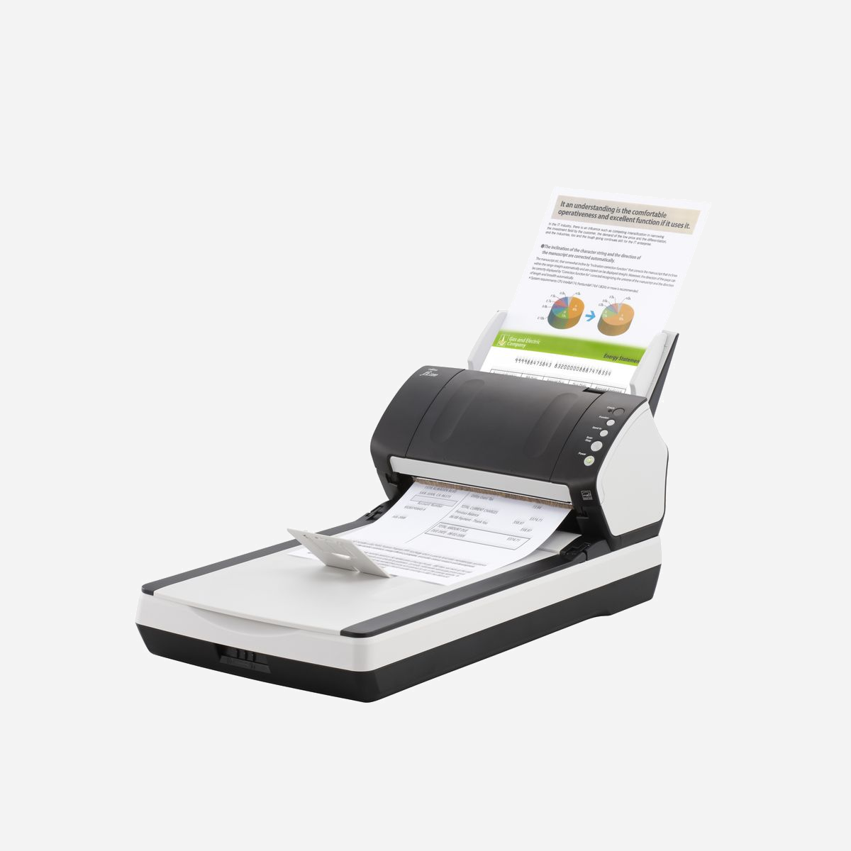 Ricoh fi-7240 Scanner A4 ADF/à Plat 600 DPI, CCD, 40 ppm/80 ipm, USB 2.0, Chargeur 80 feuilles, PaperStream IP, Windows/Linux - - Efficace. Numérisation de divers types de documents pris en charge par une technologie de pointe<br>- Compact. Idéal sur un bureau ou un comptoir pour une capture et une transmission immédiates des documents<br>- Automatique. Conversion de l’analogique au numérique aussi simple qu’une pression sur les boutons du panneau utilisateur<br>- Intuitif. PaperStream Capture et PaperStream IP pour une numérisation ultra-performante de multiples documents en même temps et un nettoyage des images<br><br><b>Les performances exceptionnelles de ce matériel compact résultent de sa fiabilité et de sa technologie qui permet d’automatiser intuitivement les tâches opérateurs</b><br>Elégants et compacts, les scanners de bureau fi-7140 et fi-7240 de Fujitsu permettent de fusionner le contenu des documents papier avec les données numériques.<br>- Profitez d’une qualité optimum offerte par la capture automatisée des documents<br>- Augmentez l’étendue des activités liées à la gestion des documents, telles que le traitement, l’archivage et le workflow des factures ou formulaires<br>- Intégrez en toute simplicité cette solution de capture de documents aux nouvelles tâches comme aux tâches existantes telles que les méthodes de distribution du courrier en vigueur, ou pour répondre aux préoccupations réglementaires.<br><br><b>Conçus pour s’intégrer : la capture de documents commence par ces solutions de numérisation fiables</b><br>Les scanners fi-7140 et fi-7240 sont conçus pour intégrer, de façon optimale, les tâches de capture de documents dans les organisations et pour les développer au sein des groupes de travail et des services. Ces scanners robustes se caractérisent par une configuration aisée, une utilisation intuitive, une maintenance sans tracas avec des consommables remplaçables et des routines de nettoyage sans encombre. Ils bénéficient de la dernière technologie de la série fi en termes de matériel et de logiciel PaperStream.<br><br><b>Conçus pour s’adapter : déclenchez des routines organisationnelles</b><br>Définissez des routines de traitement des informations et imitez les processus sur papier avec PaperStream Capture. Associez ensuite intuitivement ces routines au panneau frontal de l’appareil et déclenchez-les instantanément chaque fois que des séries de documents doivent être numérisées.<br><br><b>Gestion centralisée</b><br>Le logiciel Scanner Central Admin permet de configurer, répartir, gérer et entretenir les scanners Fujitsu, les profils de numérisation et les routines depuis un point unique afin de minimiser les temps d’arrêt des scanners dans l’ensemble du système.<br><br><b>Traitement des lots de documents mixtes optimisé et numérisation continue et ininterrompue</b><br>Ces scanners offrent une alimentation papier exceptionnelle, et peuvent numériser des lots mixtes d’une épaisseur de 27 à 413 g/m2. Pour protéger l’original, une fonction de protection du papier contrôle les mouvements du document et met automatiquement un terme à l’alimentation si des anomalies sont détectées.<br><br>Pour la numérisation de lots mixtes dans lesquels des documents de tailles, formes, surfaces ou épaisseurs différentes sont regroupés et traités ensemble dans le même lot, le dispositif de rouleau appelé « réducteur d’inclinaison » permet l’alimentation de documents physiquement inclinés dans le lot, et réduit l’effet d’inclinaison que ce document pourrait avoir sur les feuilles suivantes. Ce dispositif permet de garantir que chaque document est capturé avec la plus grande précision dans la simplicité la plus totale et qu’aucun document n’est froissé ou endommagé.<br><br>Ces deux modèles de scanner possèdent également un capteur à ultra-sons qui détecte de manière précise les couches de papiers multiples lorsque deux feuilles ou plus sont introduites en même temps dans le scanner. La fonction de chargement multiple intelligent permet d’appliquer des paramètres de numérisation, de sorte que les capteurs identifient et ignorent les éventuelles pièces jointes (par exemple des post-its ou une photo annexée) placées intentionnellement, qui risqueraient d’interrompre le processus de numérisation.<br><br><b>Plateau intégré pour de plus grandes possibilités de numérisation</b><br>Le modèle fi-7240 présente un module de plateau ultra-rapide intégré qui permet de numériser divers types de documents tels que des documents reliés, agrafés ou fragiles.<br><br><b>Fujitsu a développé des pilotes de scanner et des logiciels de pointe pour la numérisation et le traitement des images.</b><br><br><b>PaperStream IP – pour des images de haute qualité</b><br>PaperStream IP est le pilote du scanners fi-7140 et fi-7240. En plus d’être complètement conforme aux normes d’interface TWAIN et ISIS de l’industrie, PaperStream IP intègre des traitements d’images sophistiqués qui applique automatiquement des fonctionnalités telles que la réduction du bruit, la suppression de l’arrière-plan et l’augmentation des caractères afin de produire des images exceptionnellement nettes et de haute qualité qui sont importables dans les processus des utilisateurs.<br><br>PaperStream IP possède une interface intuitive et conviviale facilement configurable en mode Administrateur ou Utilisateur pour simplifier le processus de numérisation et limiter les erreurs utilisateur.<br><br>En outre, PaperStream IP propose un nouveau mode de numérisation assistée qui permet à l’utilisateur de sélectionner visuellement l’image la plus qualitative parmi les différentes images proposées sans devoir régler manuellement et individuellement les paramètres de numérisation.<br><br><b>PaperStream Capture – numérisez efficacement</b><br>PaperStream Capture est un outil de capture simple d’utilisation qui permet aux utilisateurs de créer<br>des routines de numérisation encapsulant tous les réglages et la configuration requis pour contrôler le processus de numérisation depuis la numérisation elle-même jusqu’à la transmission de l’image dans le workflow de l’utisateur ou de l’entreprise.<br><br>Une fois créés, les profils peuvent être exécutés en un seul clic et ceux les plus fréquemment utilisés peuvent même être associés aux boutons sur le scanners fi-7140 et fi-7240 afin d’optimiser complètement le processus de capture.