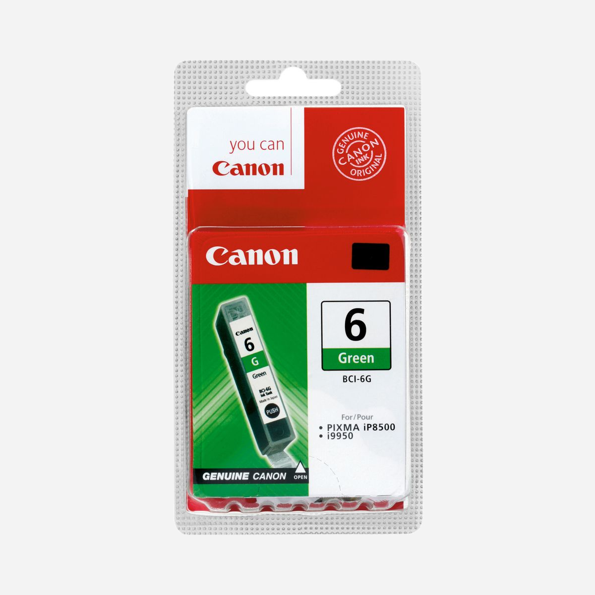 Canon BCI-6G Cartouche d'Encre Verte Pigmentée Originale, 9473A002, 2300 pages, Jet d'encre, Compatibilité i9900, PIXMA iP8500, 40g - Encre verte permettant d'imprimer des documents et photos sur différents types de supports. Cette cartouche d'encre permet d'imprimer jusqu'à 2300 pages au format A4 (impression selon la norme ISO/IEC 24711† image) et, lorsqu'elle est utilisée avec du papier photo Canon, le système ChromaPLUS protège vos photos de la décoloration.
