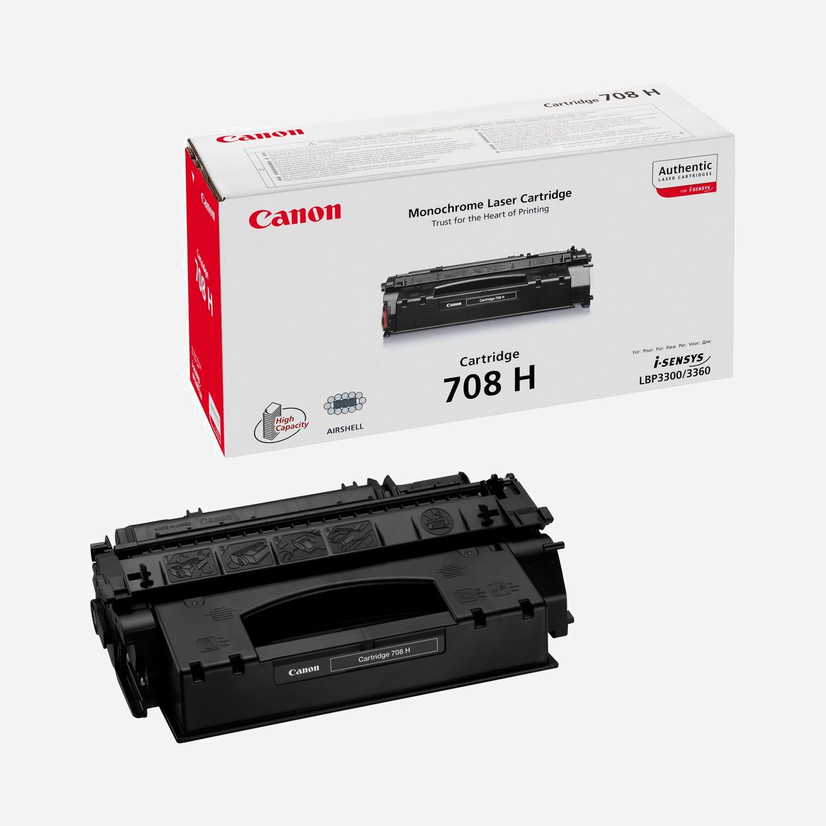 Canon 708H Cartouche Toner Noir Original (0917B002) - 6000 pages ISO 19752 - Impression Laser - Compatible LBP-3300/3360 - La cartouche 708H permet d'imprimer environ 6000 pages (selon la norme ISO 19752). Nos cartouches de toner haute capacité permettent de réduire le coût par copie.<br><br>Certains produits sont faits l'un pour l'autre. Le toner Canon est conçu pour fonctionner parfaitement avec les imprimantes Canon, de façon à vous offrir la fusion rapide et l'impression haute qualité que vous attendez. La technologie de toner Canon garantit des résultats sans concessions. Pour des tirages de haute qualité et d'une longévité exceptionnelle, faites confiance au toner Canon.<br><br>Les cartouches d'origine Canon Tout-en-Un garantissent une qualité d'impression supérieure. Elles contiennent tous les éléments essentiels pour l'impression au cycle de vie défini. Ainsi, lorsque vous remplacez votre cartouche Tout-en-Un, votre machine est comme neuve.<br><br><b>Assurance qualité</b><br>Avec les cartouches Canon d'origine, vous avez l'assurance que chaque cartouche offrira des performances exceptionnelles. Il est possible que les cartouches rechargées n'assurent pas une qualité d'impression égale à celle des nouvelles cartouches Canon, du fait que leurs composants internes soient partiellement ou complètement usés.<br><br>La fabrication et l'assemblage des cartouches de toner constituent une procédure complexe impliquant plusieurs centaines de processus. Canon a développé un système de production automatisé unique intégrant une technologie de pointe en vue de produire les cartouches haute qualité attendues de nos clients. <br><b><br>Évitez les lignes disgracieuses</b><br>Le tambour photosensible est l'un des composants d'imagerie les plus sensibles de l'imprimante. Grâce aux nouvelles cartouches Canon, le toner ne s'accumule pas sur le tambour et le rouleau de fixation. Cela prévient les lignes disgracieuses, le flou ou les arrière-plans gris, ainsi que tout dommage au niveau de votre imprimante. Le toner d'origine Canon garantit le bon fonctionnement du tambour, pour des impressions nettes et précises à chaque fois.<br><br><b>Un espace de travail plus propre</b><br>La technologie de chargement par rouleaux, exclusive de Canon, est garantie sans émission d'ozone. Cette technologie est propre et sans effet nocif pour la santé comme pour l'environnement. Elle assure un format plus compact des cartouches en limitant le nombre de pièces requises. En outre, tous les toners et toutes les cartouches Canon sont non toxiques. De fait, nos cartouches ne nécessitent aucun traitement spécifique.<br><b><br>Faciles à recycler</b><br>Il est possible de recycler les cartouches d'origine grâce au programme de recyclage Canon sans la moindre mise en décharge des déchets. Pour en savoir plus sur le programme ou pour demander un formulaire de retour gratuit, consultez notre page sur le recyclage des cartouches.