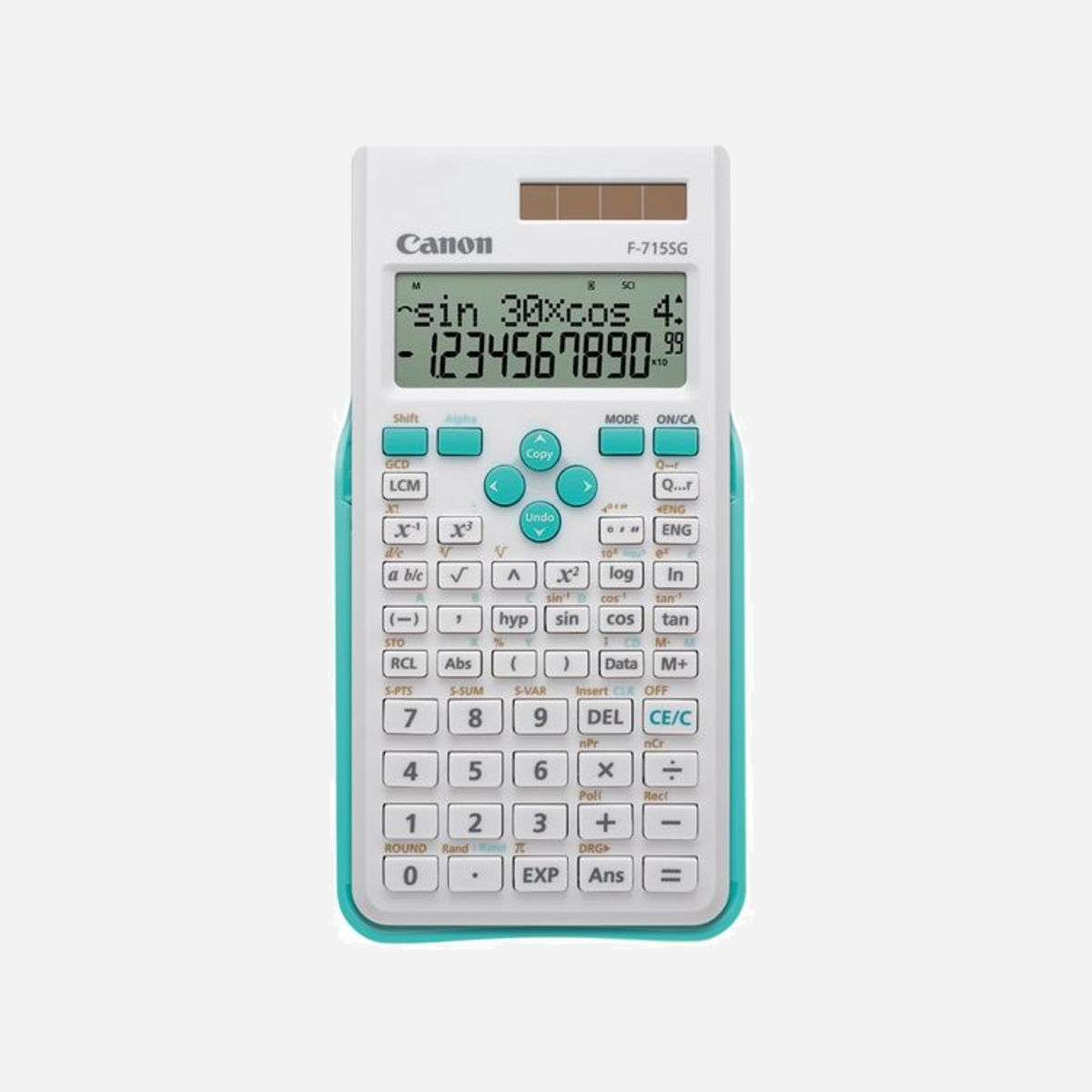 Calculatrice Scientifique Canon F-715SG Bureau 250 Opérations Écran LCD 2 Lignes 10 Chiffres Alimentation Solaire/LR44 86.3x168x17.8mm Bleu/Blanc - <b>Des résultats plus lisibles grâce à un affichage sur 2 lignes</b><br>Outil idéal pour apprendre, passer ses examens et faire ses devoirs, la calculatrice scientifique F-715SG est équipée d'un grand écran LCD avec affichage sur 2 lignes. La saisie apparaît sur la ligne du haut, les résultats sur celle du bas. Par ailleurs, l'écran affiche jusqu'à 10 chiffres, ainsi que des exposants à 2 chiffres. Grâce à la grande taille des caractères (9,6 x 3,96 mm), les résultats sont lisibles en un coup d'œil.<br><br><b>250 fonctions et caractéristiques étendues</b><br>Cette calculatrice scientifique polyvalente est équipée de toutes les fonctions essentielles dont un étudiant a besoin dans le cadre de ses études scientifiques, des mathématiques générales en passant par la trigonométrie, les statistiques, la physique et l'ingénierie. La calculatrice F-715SG intègre plus de 250 fonctions et caractéristiques pour la résolution de problèmes complexes. Elle est capable de conserver en mémoire et de rappeler jusqu'à 17 calculs de façon à ce que l'utilisateur puisse explorer différents schémas et concepts. De plus, des calculs internes à 16 chiffres peuvent être effectués afin d'obtenir des résultats encore plus précis.<br><br><b>En partie fabriquée à partir de matériaux Canon recyclés</b><br>Le modèle F-715SG est à la fois pratique et écologique. Canon utilise en effet des plastiques recyclés pour fabriquer le socle et l'étui de protection, donnant ainsi une nouvelle jeunesse aux matériaux de récupération.<br><br><b>Double source d'alimentation fiable</b><br>Cette calculatrice scientifique fonctionne aussi bien à l'énergie solaire qu'avec des piles remplaçables, offrant une fiabilité continue et une double assurance de bon fonctionnement pendant les examens. Utilisez l'alimentation solaire pour économiser de l'énergie lorsque les conditions le permettent et passez sur la pile de secours dès que nécessaire. N'ayez crainte : la calculatrice F-715SG vous prévient nettement à l'avance lorsque le niveau de la batterie est faible. Par ailleurs, au bout de 7 minutes d'inactivité, la fonction de mise hors tension automatique éteint la calculatrice afin de prolonger la durée de vie de la pile.<br><br><b>Trois coloris tendance</b><br>Pratique et élégante, la calculatrice F-715SG est disponible en noir ou dans deux variations de blanc avec au choix la flèche et le boîtier de protection en magenta ou bleu. Pesant seulement 124 grammes, elle est facilement transportable. Le boîtier de protection coulissant protège le clavier et l'écran des chocs.