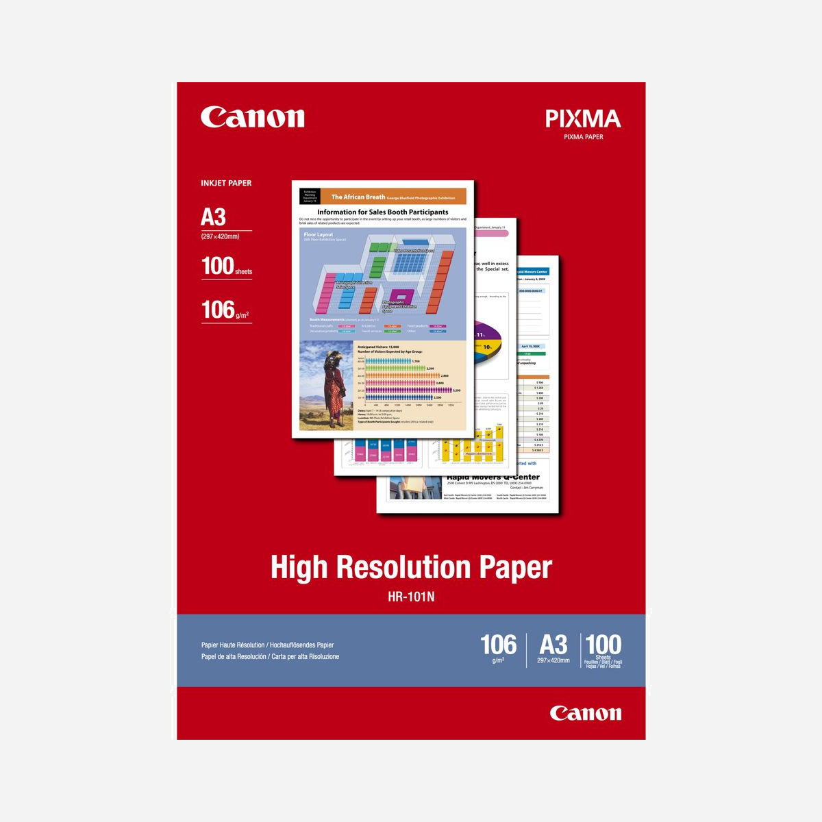 Canon Papier Haute Résolution HR-101N A3 - 100 Feuilles, 106 g/m², Jet d'Encre - Compatible PIXMA PRO & TS Series - Réf: 1033A005 - Ce papier couché a été conçu pour permettre un rendu des couleurs exceptionnel, ainsi que des images vives et d'une grande netteté. Idéal pour l'impression de documents de haute qualité, ainsi que de feuilles de calcul et de présentations contenant photos et graphiques.