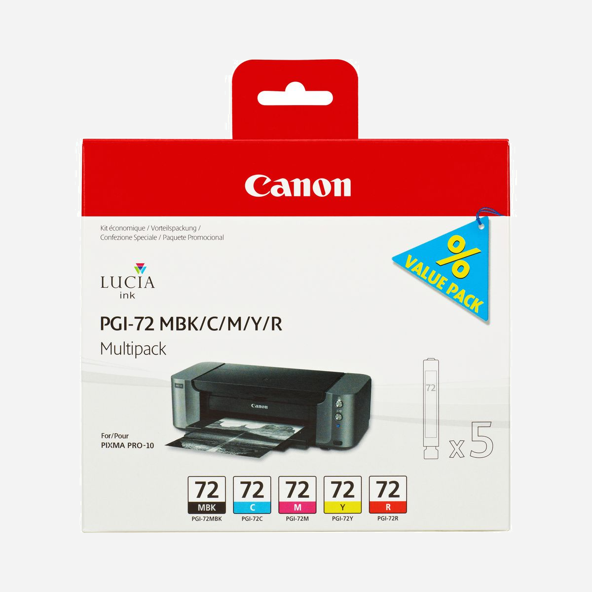 Canon Multipack PGI-72 MBK/C/M/Y/R : 5 Cartouches d'encre pigmentée, PIXMA PRO-10, Noir mat/Cyan/Magenta/Jaune/Rouge, Rendement 1640/710 pages (ISO/IEC 24734) - Ce multipack contient cinq réservoirs d'encre pour les couleurs noir mat, cyan, magenta, jaune et rouge. "Très pratique, ce lot de cinq cartouches d'encre de 14 ml vous permet de réaliser des économies." Le système LUCIA garantit des résultats et une durée de vie exceptionnels. Imprimez jusqu'à 1640 photos 10 × 15 cm ou jusqu'à 710 photos couleur 10 × 15 cm conformément à la norme ISO/IEC 29102*.