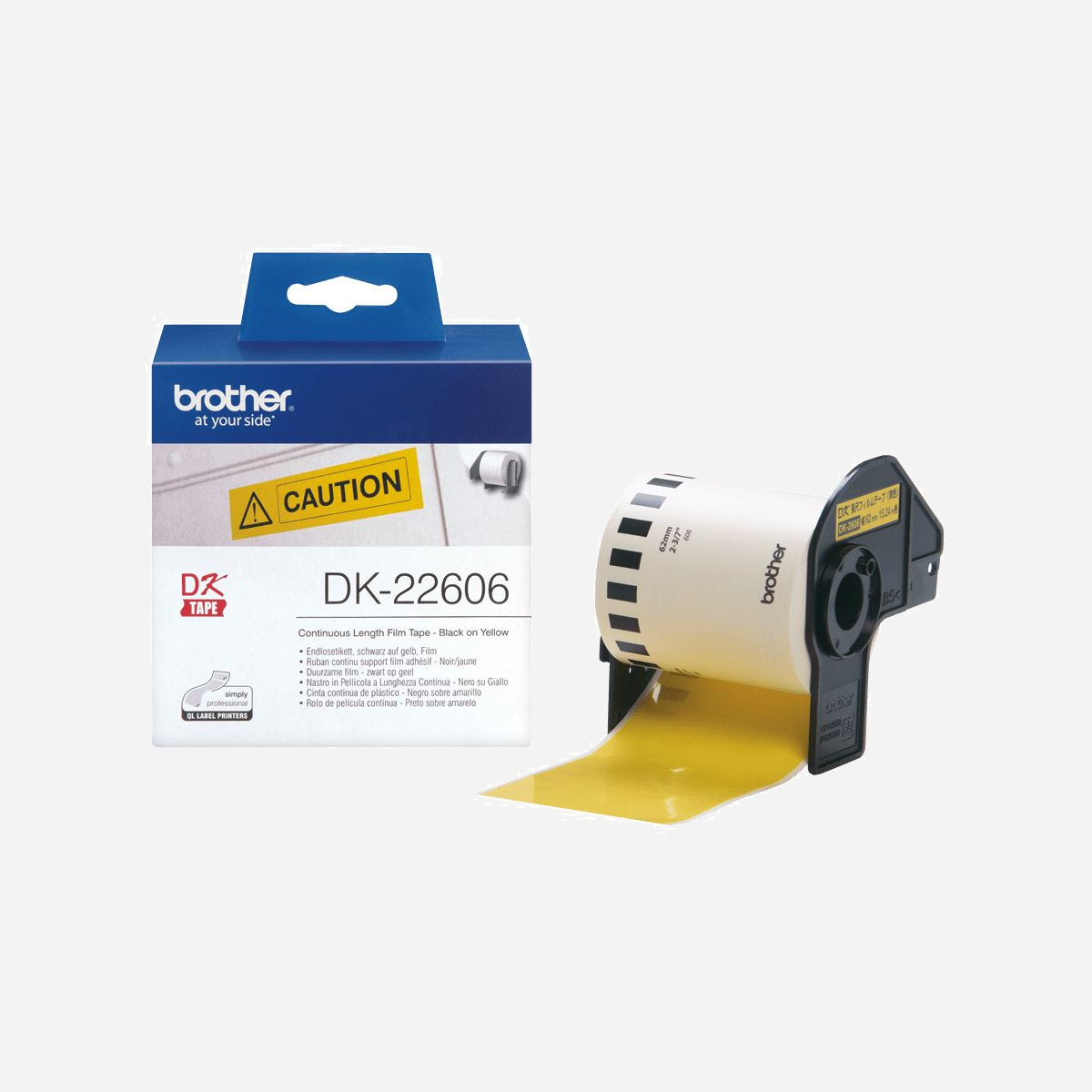 Brother DK-22606 Ruban Film Continu 62mm Noir sur Jaune 15.24m, Impression Thermique Directe, Compatibilité Brother QL, Code SH 48219090 - Profitez de la flexibilité du ruban DK-22606 pour créer des étiquettes d'alerte de toutes les tailles : il vous suffit de couper le ruban à la longueur souhaitée. Idéal pour la signalétique, les étagères ou les documents.<br>Améliorez l'organisation de votre domicile ou de votre environnement professionnel grâce au design polyvalent du ruban DK-22606 original noir sur jaune. Le haut pouvoir adhésif du ruban film continu DK-22606 lui confère une adhérence permanente. Il a été rigoureusement testé par l'équipe Brother pour être aussi fiable que possible.<br>Choisir le ruban film continu DK-22606 Brother original vous garantit également de bénéficier des performances optimales de votre étiqueteuse et de continuer à obtenir des résultats clairs, lisibles et durables.
