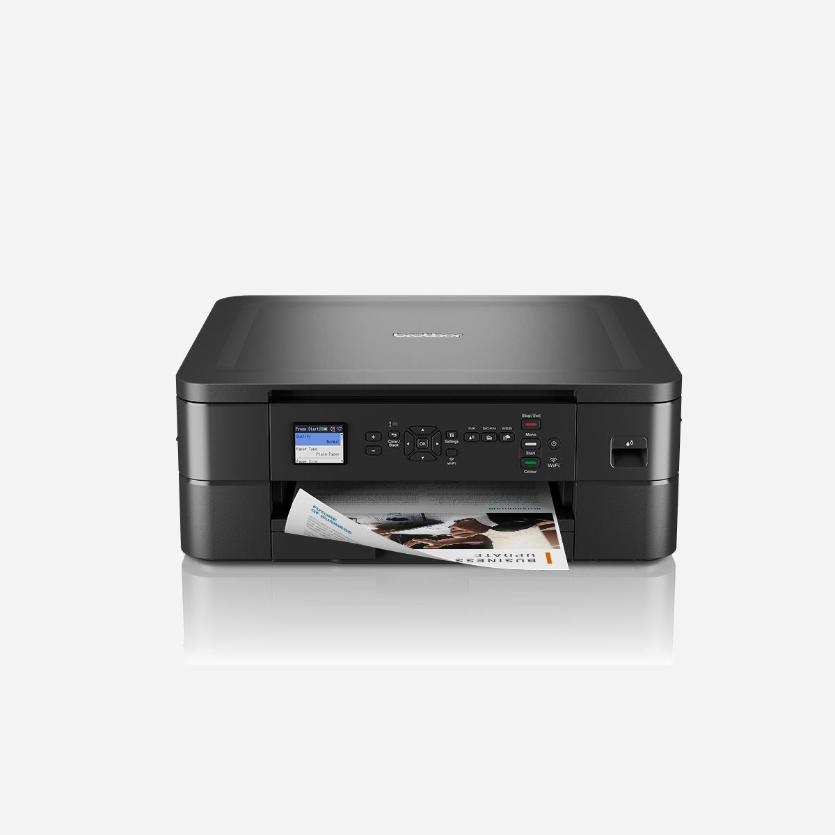 Brother DCP-J1050DW : Jet d'encre Couleur A4, 1200x6000 DPI, 17 ppm noir/9.5 ppm couleur, Wifi, USB, Recto-Verso Auto, Scanner 1200x2400 DPI - L'imprimante DCP-J1050DW est une imprimante design et compacte, idéale pour la maison et le télétravail. Imprimez des documents aux couleurs vives où que vous soyez chez vous grâce à la connectivité wifi ou via l'application mobile Brother Mobile Connect.