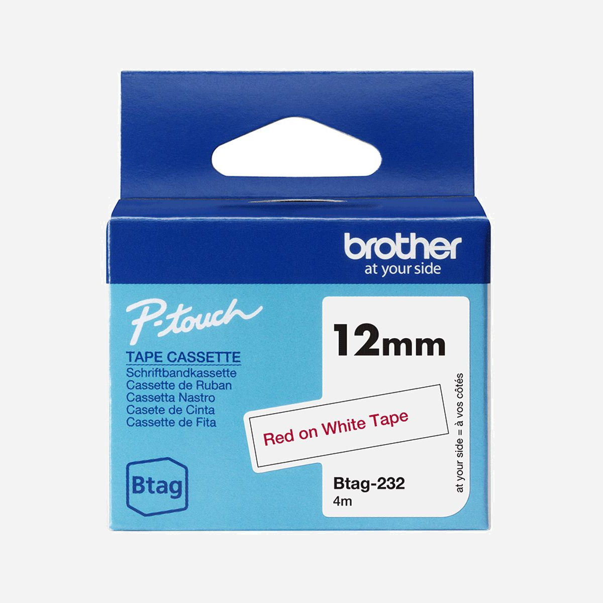 Brother BTAG-232 Ruban Adhésif Rouge/Blanc 12mm x 4m Non Laminé Compatible P-touch PT-N10/N20/N25BT - Le ruban Btag-232 Rouge sur Blanc 12mm ruban est parfait pour l'organisation et tout type d'étiquetage à la maison. Créez des étiquettes pour organiser vos placards de cuisine, dressing, espace de travail, ainsi que l'étiquetage des livres et fournitures scolaires.<br>Le ruban Btag est durable et offre une résistance à de nombreux environnements associés à une utilisation quotidienne dans la maison. Les étiquettes Btag sont résistantes au micro-ondes, au congélateur, au lave-vaisselle, aux produits ménagers et à l’eau, ce qui signifie qu’elles resteront intactes et lisibles au fil du temps.