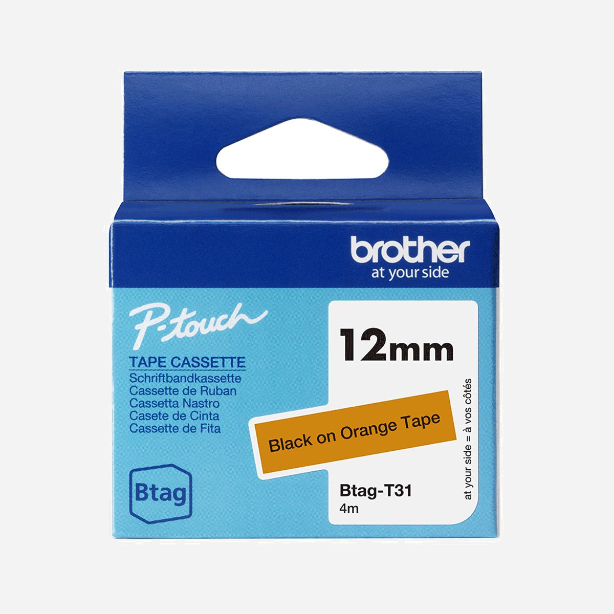 Ruban Brother BTAG-T31 Noir sur Orange 12mm x 4m Non Laminé Compatible P-touch PT-N10/N20/N25BT - Dimensions 45x53x62mm - Usage Domestique - Le ruban BTAG-T31 Noir sur orange 12mm est parfait pour l'organisation et tout type d'étiquetage à la maison. Créez des étiquettes pour organiser vos placards de cuisine, dressing, espace de travail, ainsi que l'étiquetage des livres et fournitures scolaires.<br>Le ruban Btag est durable et offre une résistance à de nombreuses conditions présentes lors d'une utilisation quotidienne dans la maison. Les étiquettes Btag sont résistantes au micro-ondes, au congélateur, au lave-vaisselle, aux produits ménagers et à l’eau, ce qui signifie qu’elles resteront intactes et lisibles au fil du temps.