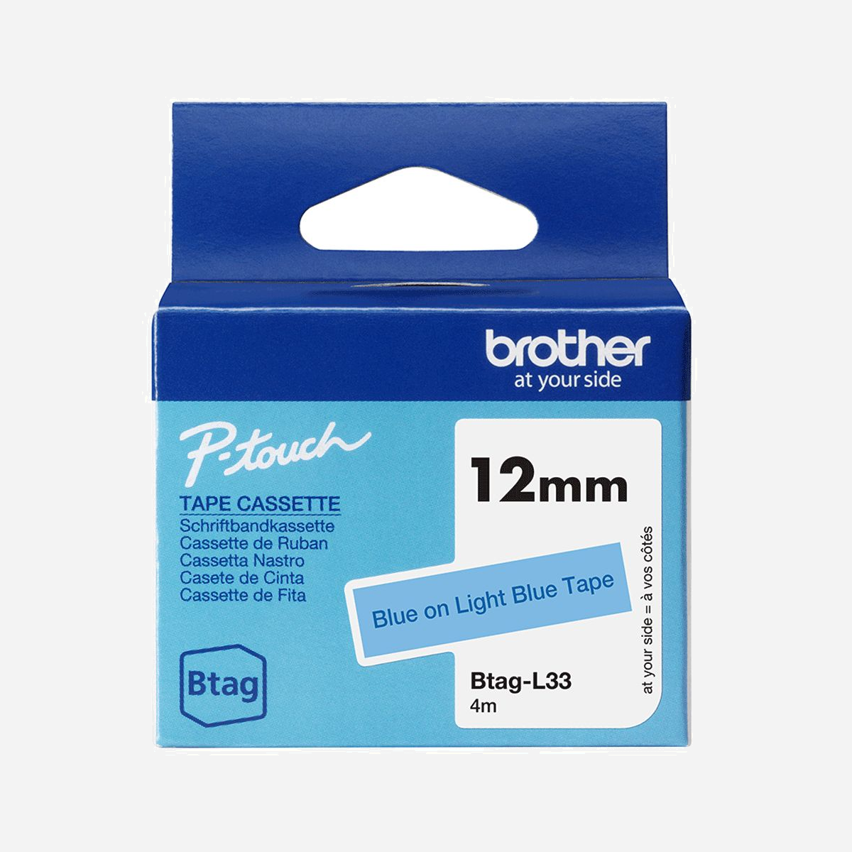 Ruban d'étiquettes Brother BTAG-L33 Bleu sur bleu clair 12mm x 4m, compatible P-touch PT-N10/N20/N25BT. Résistant eau, micro-ondes, congélateur. - Le ruban BTAG-L33 Bleu sur bleu clair 12mm est parfait pour l'organisation et tout type d'étiquetage à la maison. Créez des étiquettes pour organiser vos placards de cuisine, dressing, espace de travail, ainsi que l'étiquetage des livres et fournitures scolaires.<br>Le ruban Btag est durable et offre une résistance à de nombreux environnements associés à une utilisation quotidienne dans la maison. Les étiquettes Btag sont résistantes au micro-ondes, au congélateur, au lave-vaisselle, aux liquides ménagers et à l’eau, ce qui signifie qu’elles resteront intactes et lisibles au fil du temps.