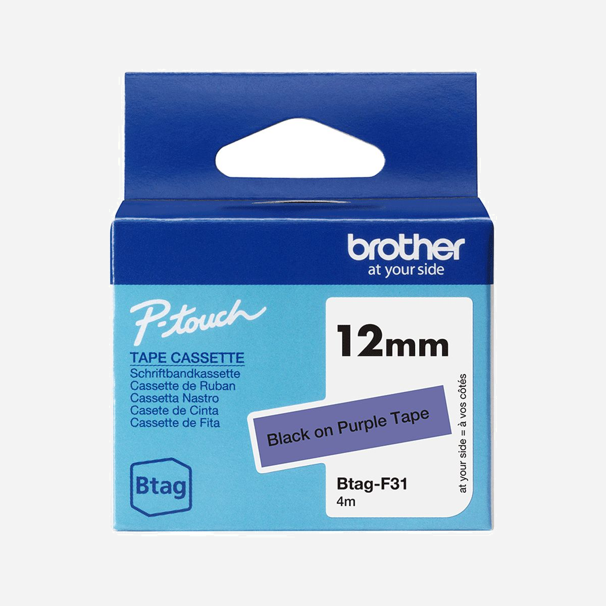 Brother BTAG-F31 Ruban Noir sur Violet 12mm x 4m Non Laminé pour P-touch PT-N10/N20/N25BT - Étiquettes résistantes Micro-ondes/Congélateur/Lave-vaisselle - Le ruban BTAG-F31 Noir sur Violet 12mm est parfait pour l'organisation et tout type d'étiquetage à la maison. Créez des étiquettes pour organiser vos placards de cuisine, dressing, espace de travail, ainsi que l'étiquetage des livres et fournitures scolaires.<br>Le ruban Btag est durable et offre une résistance à de nombreux environnements associés à une utilisation quotidienne dans la maison. Les étiquettes Btag sont résistantes au micro-ondes, au congélateur, au lave-vaisselle, aux produits ménagers et à l’eau, ce qui signifie qu’elles resteront intactes et lisibles au fil du temps.