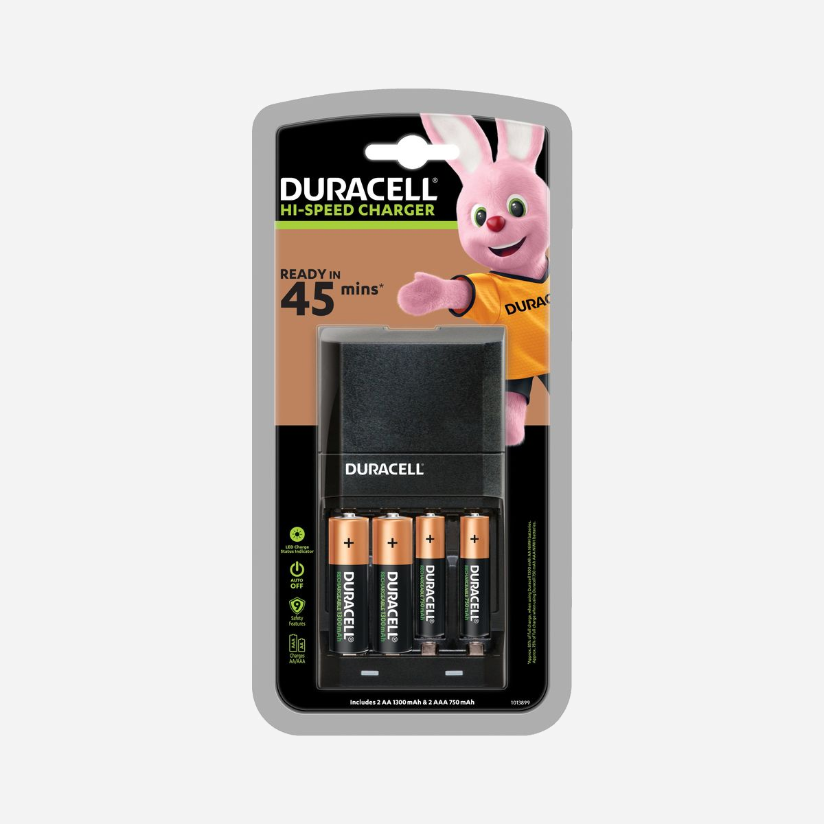 Duracell CEF27 Chargeur Secteur NiMH AA/AAA avec 4 Piles (2xAA 1300mAh & 2xAAA 750mAh) Protections Surcharge/Surchauffe/Court-circuit - Duracell CEF27. Convient pour: Pile domestique, Type de source d'alimentation: Secteur, Technologies de batteries compatibles: Hybrides nickel-métal (NiMH). Couleur du produit: Noir. Tension d'entrée: 100 - 240 V, Fréquence d'entrée: 50/60 Hz. Taille de la batterie: AA, Taille de la batterie 2: AAA, Technologie batterie: Hybrides nickel-métal (NiMH). Largeur: 50 mm, Profondeur: 90 mm, Hauteur: 35 mm