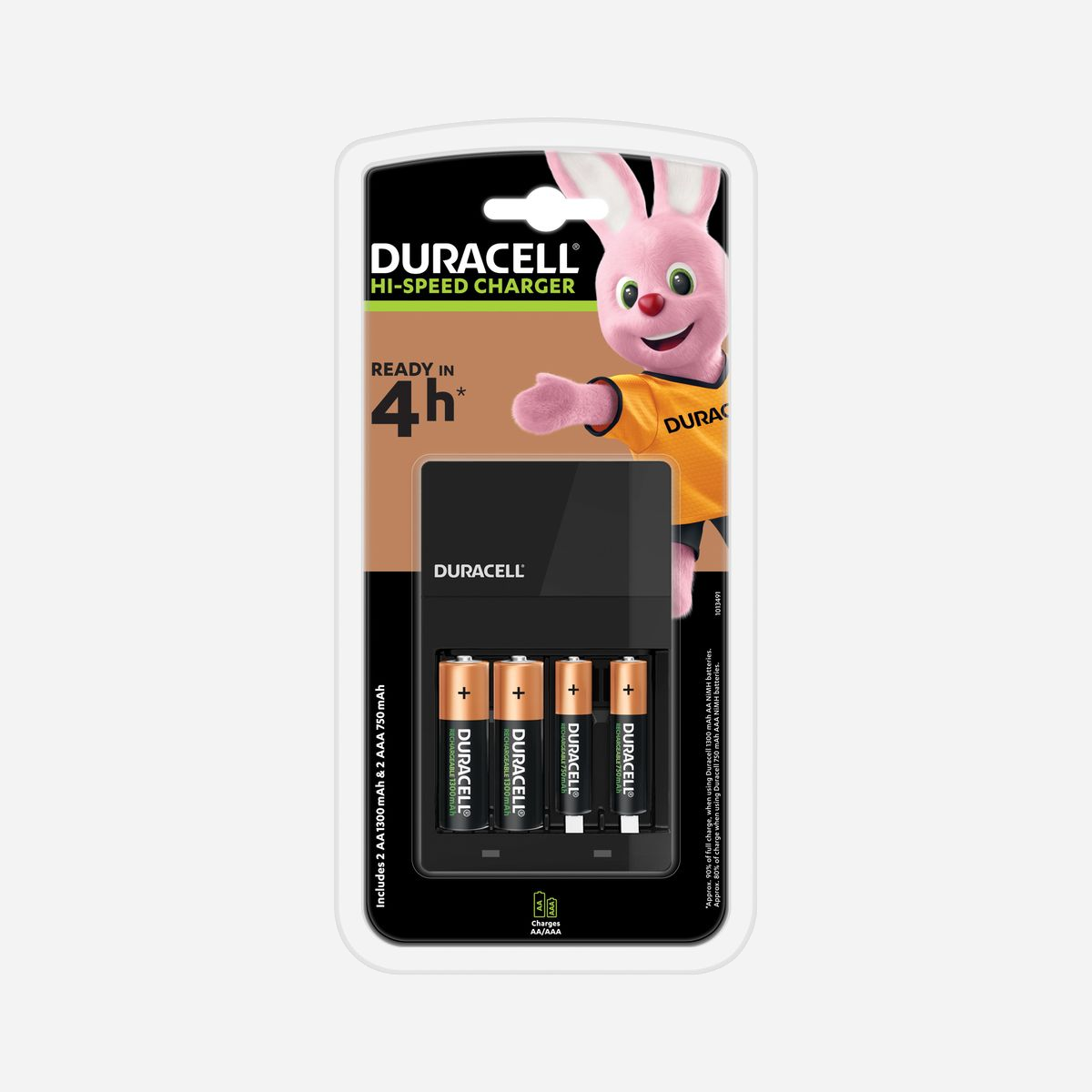Duracell CEF14 Chargeur Secteur NiMH AA/AAA, Tension 100-240V, 4 Piles AA (1300mAh) Incluses, Protection Surchauffe/Court-circuit, Noir - Duracell CEF14. Convient pour: Pile domestique, Type de source d'alimentation: Secteur, Technologies de batteries compatibles: Hybrides nickel-métal (NiMH). Couleur du produit: Noir, Voyants: Chargement. Tension d'entrée: 100-240 V, Fréquence d'entrée: 50/60 Hz, Tension de sortie: 3 V. Taille de la batterie: AA, Taille de la batterie 2: AAA, Technologie batterie: Hybrides nickel-métal (NiMH). Largeur: 72 mm, Profondeur: 123 mm, Hauteur: 42 mm