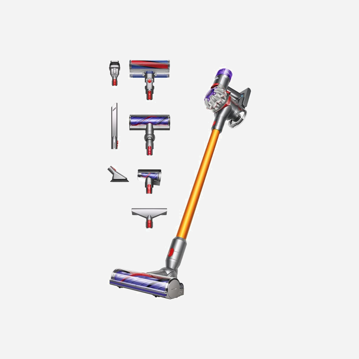 Aspirateur-balai Dyson V8 Absolute 2-en-1 sans sac, technologie cyclonique 115 AW, autonomie 40 min, batterie 21.6V, filtration avancée, argent/jaune - <b>Alimenté par le moteur numérique Dyson V8</b><br>Notre moteur numérique de pointe effectue 110 000 tours/minute, générant ainsi une aspiration puissante sur les moquettes et les sols durs.<br><br><b>Pas de baisse de puissance</b><br>Grâce à sa capacité à stocker une charge élevée par unité de volume et à libérer rapidement cette énergie, le Dyson V8™ fournit jusqu’à 40 minutes d’aspiration sans baisse de régime.<br><br><b>Cyclones 2 Tier Radial™</b><br>15 cyclones répartis sur 2 rangées, fonctionnent en parallèle pour accroître le flux d’air et capturer la fine poussière.<br><br><b>Filtration de pointe</b><br>Capture les allergènes et rejette un air plus propre.<br><br><b>Conception acoustique</b><br>Conçu pour absorber les vibrations et atténuer le niveau sonore, et ainsi le maintenir à un faible niveau.<br>