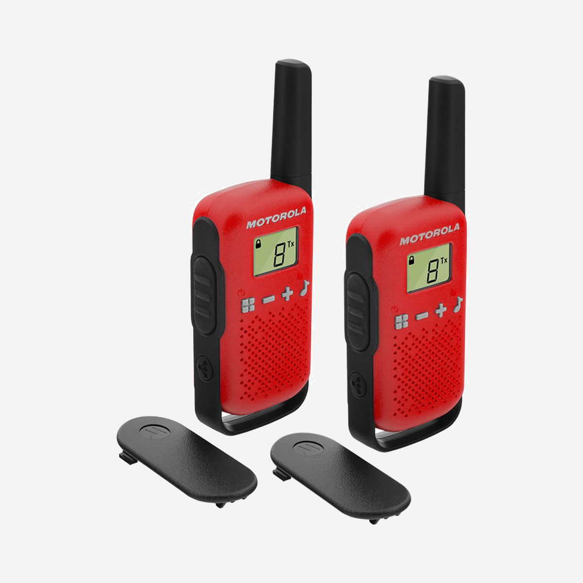 Motorola TALKABOUT T42 - Radio Bidirectionnelle 16 Canaux, Portée 4000m, LCD, Noir/Rouge, 48x27x136mm, Livrée par 2 - Motorola TALKABOUT T42. Quantité de canaux (total): 16 canaux, Portée maximale: 4000 m. Type d'écran: LCD. Largeur: 48 mm, Profondeur: 27 mm, Hauteur: 136 mm