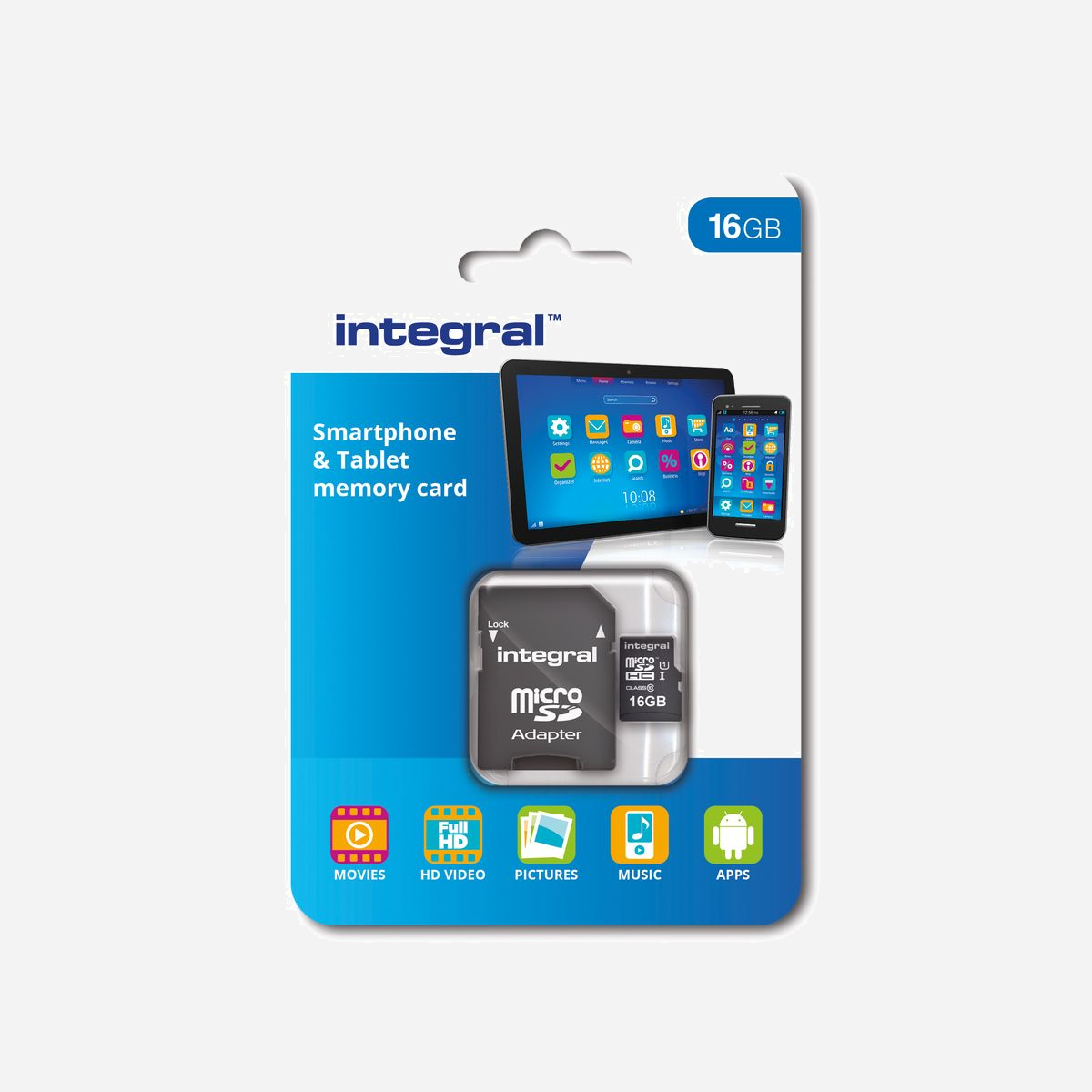 Integral MicroSD 16 Go UHS-I U1, Lecture 90 Mo/s, FAT32, 15x11x1mm, Adaptateur SD inclus, RoHS - Référence INMSDH16G10-90SPTAB - Integral INMSDH16G10-90SPTAB. Capacité: 16 Go, Type de Carte Flash: MicroSD, Type de mémoire interne: UHS-I, Vitesse de lecture: 90 Mo/s, Classe de vitesse UHS: Class 1 (U1). Couleur du produit: Noir