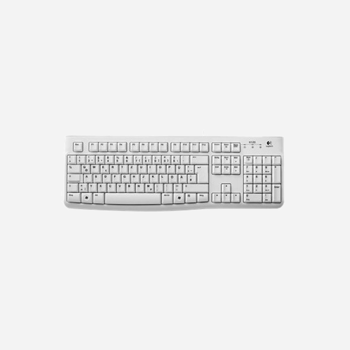 Logitech Keyboard K120 for Business - Clavier USB QWERTZ Allemand Blanc, Usage Bureau, Câble 1.5m, Windows/Linux, 10 Million Frappes, Résistant aux éclaboussures - Logitech Keyboard K120 for Business. Facteur de forme du clavier: Taille réelle (100 %). Style de clavier: Droit. Technologie de connectivité: Avec fil, Interface de l'appareil: USB, Disposition des touches du clavier: QWERTZ. Longueur de câble: 1,5 m. Utilisation recommandée: Bureau. Couleur du produit: Blanc