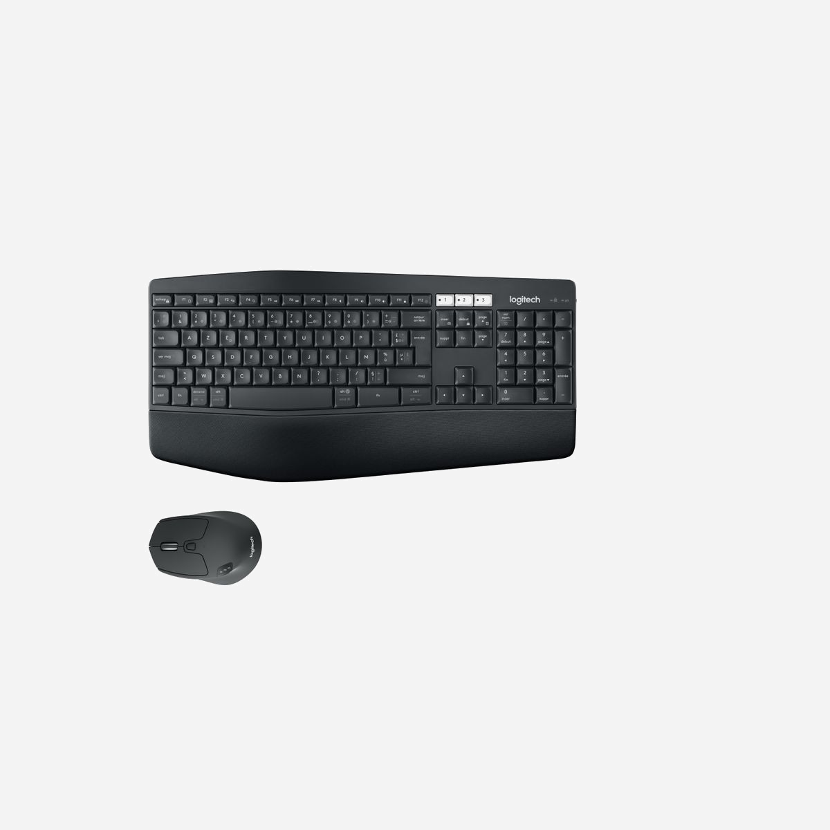 Logitech MK850 Performance - Ensemble Clavier AZERTY Français RF sans fil + Bluetooth, Souris 1000 DPI, Portée 10m, Compatible Windows/macOS/Linux - <b>UN CONFORT OPTIMAL. SANS RENONCER À VOTRE PRODUCTIVITÉ.</b><br>Profitez d'un confort optimal sans renoncer à votre productivité grâce à l'ensemble puissant MK850 Performance. Partez à la conquête du monde dans le plus grand confort grâce au repose-poignets matelassé, à la structure courbée et à la souris profilée. Passez d'un écran à l'autre à l'aide de votre clavier ou souris et multipliez les activités sans accroc.<br><br><b>CONFORT GARANTI</b><br>Le repose-poignets matelassé extra-large et la structure courbée vous apportent un confort de saisie au quotidien. Les pieds d'inclinaison réglables offrent l'angle de saisie idéal. La conception profilée et la surface en caoutchouc de la souris s'adaptent parfaitement à la paume de votre main.<br><br><b>UNE MEILLEURE PRODUCTIVITÉ</b><br>Parcourez rapidement les documents et les pages Web grâce au défilement ultra-rapide et travaillez silencieusement et efficacement sur le clavier de taille standard doté de touches ergonomiques de haute qualité.<br><br><b>LA MAÎTRISE MULTIDISPOSITIF</b><br>Commencez à saisir du texte sur votre ordinateur, puis passez à votre tablette ou téléphone d'une simple pression sur une touche. Votre souris couple jusqu'à 3 dispositifs pour multiplier facilement les activités.<br><br><b>UN VÉRITABLE CONCENTRÉ DE PUISSANCE</b><br>Un ensemble clavier et souris fonctionnant vraiment en synergie. DuoLinks permet de configurer différents jeux d'actions sur les boutons de votre souris lorsque vous maintenez la touche Fn enfoncée. Vous pouvez également déplacer la souris en maintenant la touche Fn enfoncée pour réaliser des actions par geste.<br><br><b>FIABLE ET TOUT EN SIMPLICITÉ</b><br>Les piles de votre clavier sont prévues pour fonctionner pendant 36 mois et celles de votre souris pendant 24 mois. Connectez-vous sans fil à vos dispositifs grâce au récepteur USB Logitech Unifying™ ou couplez-les via la technologie Bluetooth® à économie d'énergie.