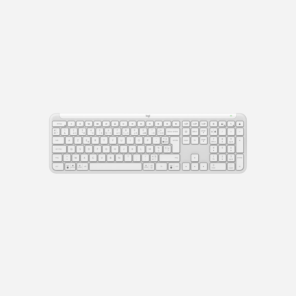 Logitech Signature Slim K950 Blanc - Clavier AZERTY 100% Sans Fil RF + Bluetooth 5.1 - Interrupteur Ciseaux - Autonomie 36 Mois - Compatible Windows/macOS/Linux/Android/iOS - Logitech Signature Slim K950. Facteur de forme du clavier: Taille réelle (100 %). Style de clavier: Droit. Technologie de connectivité: Sans fil, Interface de l'appareil: RF sans fil + Bluetooth, Interrupteur à clé de clavier: Commutateur de touche « ciseaux », Disposition des touches du clavier: AZERTY, Utilisation recommandée: Bureau. Couleur du produit: Blanc