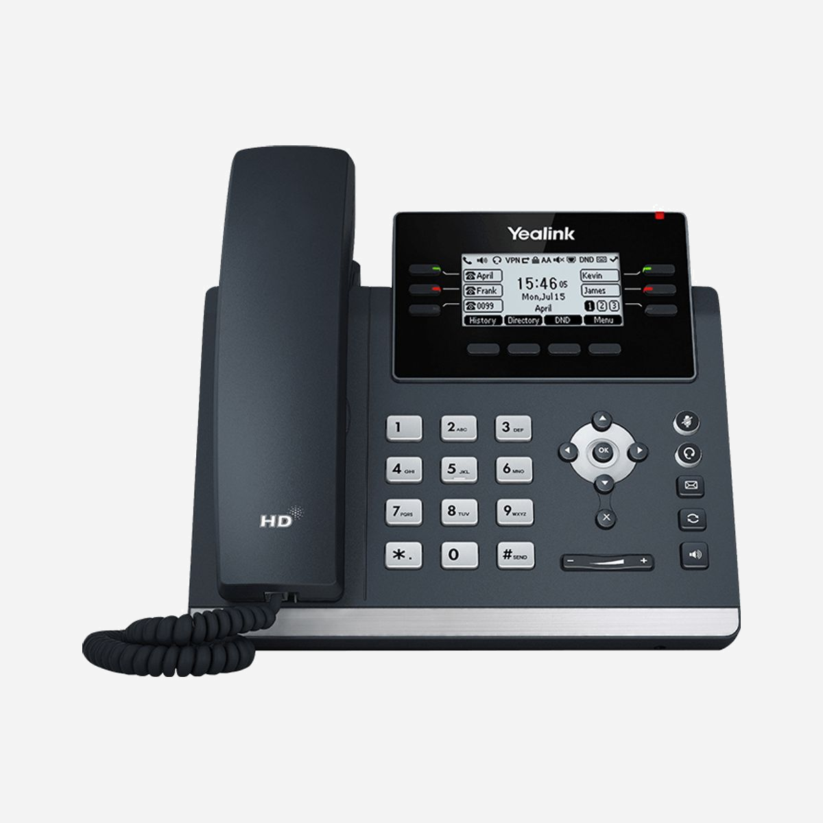 Yealink SIP-T42U Téléphone IP Gris, combiné sans fil, écran LCD 2.7", Gigabit Ethernet, Wifi, Bluetooth, SIP v1/v2, sécurité AES/HTTPS/TLS/WPA2/WPA3 - Yealink SIP T42U. Type de produit: Téléphone IP, Couleur du produit: Gris, Type de combiné: Combiné sans fil. Capacité du répertoire: 1000 entrées. Écran: LCD, Taille de l'écran: 6,86 cm (2.7"), Résolution de l'écran: 192 x 68 pixels. Type d'interface LAN Ethernet: Gigabit Ethernet, Protocoles réseau pris en charge: IPv4/IPv6, SIP v1 (RFC2543), v2 (RFC3261), UDP/TCP/DNS-SRV (RFC 3263), Algorithme de sécurité soutenu: 256-bit AES, HTTPS, TLS, WPA2, WPA3. Consommation électrique typique: 2,2 W