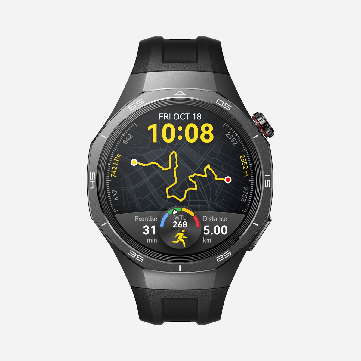 Huawei Watch GT5 Pro 46mm AMOLED 1.43" 466x466 GPS Titane Noir, Bracelet Fluoroélastomère, Batterie 524mAh, Compatible Android 8.0+/iOS 13+ - Huawei WATCH GT5 Pro 46mm. Taille de l'écran: 3,63 cm (1.43"), Technologie d'affichage: AMOLED, Résolution de l'écran: 466 x 466 pixels. GPS (satellite). Capacité de la batterie: 524 mAh. Poids: 53 g. Matière de la bande: Fluoroélastomère, Couleur du bracelet: Noir