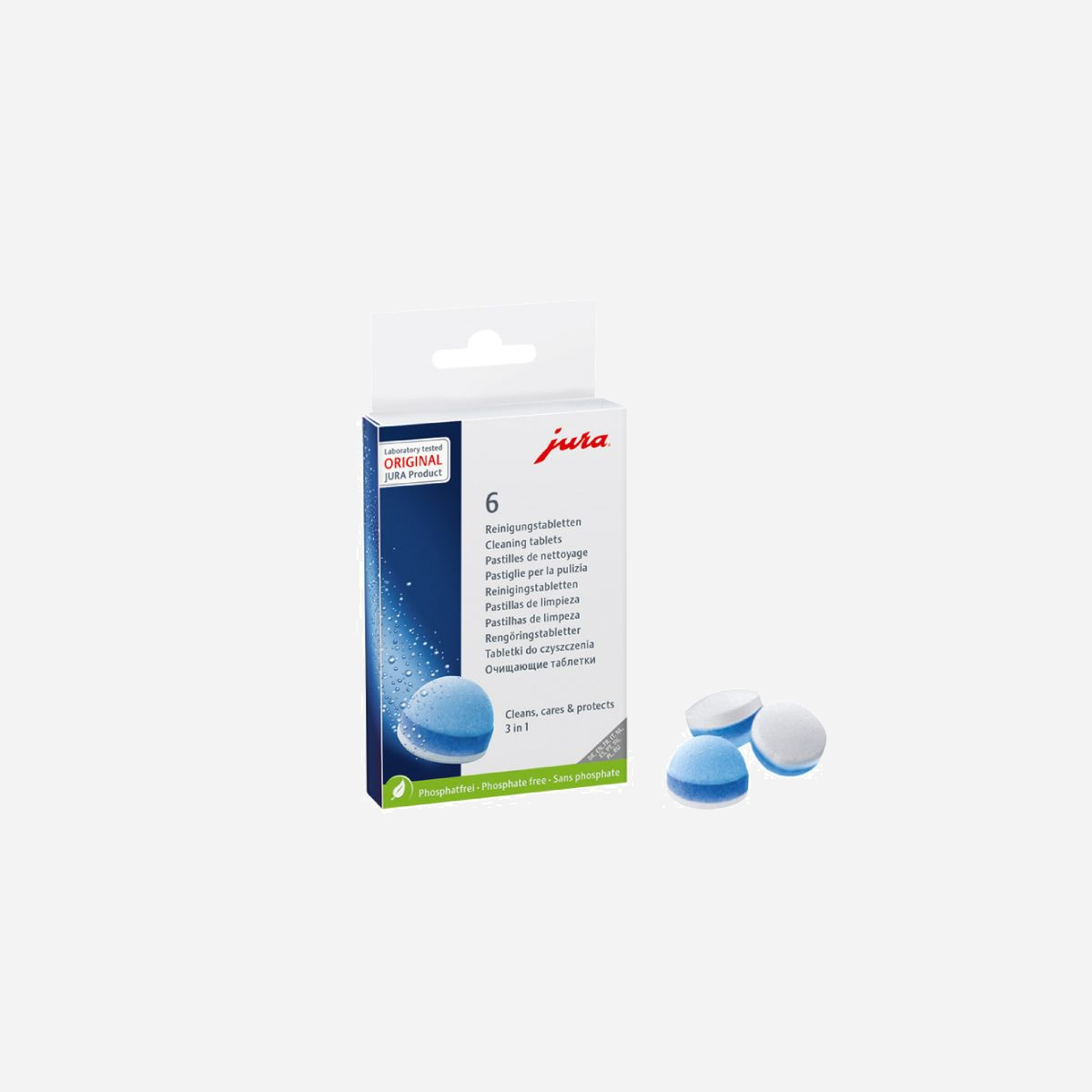 JURA Pastilles Nettoyage 3 Phases 24225 - Boîte de 6 Comprimés pour Machines à Café - Nettoyage, Entretien & Protection Anti-Minéraux, certifié TÜV - <b>Pastilles de nettoyage 3 phases</b><br>Un entretien optimal de votre machine à café et le respect de l’hygiène dans la gestion du lait, du café et de l’eau sont des critères décisifs pour obtenir une qualité de café parfaite. Afin de faciliter l’entretien, toutes les machines à café JURA sont dotées d’une unité de percolation sans maintenance, autonettoyante par simple pression d’une touche.<br>Les pastilles de nettoyage JURA, déjà largement éprouvées, sont constamment perfectionnées et optimisées dans nos laboratoires. Fruit d’un intense processus de recherche et d’innovation, la nouvelle pastille de nettoyage 3 phases offre un résultat encore meilleur grâce à l’ajout d’une phase de protection qui préserve durablement votre machine à café des dépôts de minéraux. Et elle reste tout aussi simple d’utilisation.<br><br><b>Fonctionnement du cycle de nettoyage</b><br>Le programme de nettoyage se lance par simple pression d’une touche.<br><br>Phase 1 : Nettoyage<br>L’unité et le filtre de percolation sont soigneusement rincés avec une eau à 80 °C. La formule haute efficacité de la pastille de nettoyage élimine les résidus d’huile et de graisse de café, qui peuvent altérer le goût et la qualité de la boisson.<br><br>Phase 2 : Entretien<br>Au cours de la deuxième phase d’entretien, des principes actifs recouvrent les surfaces des composants concernés d’un film qui les protège contre les nouveaux dépôts de résidus et de graisse de café.<br><br>NOUVELLE phase 3 : Protection<br>Au cours de la troisième phase, nouvellement développée, des agents complexants viennent protéger durablement votre machine à café contre les dépôts de minéraux.<br><br><b>Le résultat</b><br>Avec les innovantes pastilles de nettoyage 3 phases, vous nettoyez, entretenez et protégez votre machine automatique à café JURA en une seule opération. Elles assurent propreté et hygiène, prolongent la vie de la machine et offrent tasse après tasse le plaisir d’un café parfait.<br><br><b>Un produit résolument écologique</b><br>Chez JURA, l’intelligence écologique est depuis longtemps une valeur forte, au même titre qu’une utilisation durable des ressources et de l’énergie. C’est pourquoi les pastilles de nettoyage JURA d’origine ont une composition totalement sans phosphates. Leur formule optimisée garantit une hygiène certifiée TÜV pour votre machine à café, tout en préservant l’environnement.<br><br><b>Une hygiène certifiée TÜV pour un café toujours Parfait</b><br>L’organisme de contrôle international indépendant TÜV Rheinland a décerné à JURA le certificat attestant que ses machines automatiques sont irréprochables d’un point de vue microbiologique. Ce certificat octroyé selon des critères extrêmement stricts démontre que les produits d’entretien certifiés JURA, précisément adaptés aux programmes à commande électronique, garantissent la propreté et l’hygiène certifiée TÜV de toutes les machines à café JURA.<br><br><b>Un nettoyage efficace, une protection durable</b><br>Associée au programme de nettoyage intégré à commande électronique, la pastille de nettoyage 3 phases dissout parfaitement les graisses de café, de l’unité de percolation jusqu’à l’écoulement de café. En plus de sa fonction nettoyante, elle imprègne tous les tuyaux d’un film protecteur qui retarde durablement le dépôt des graisses de café. Des agents complexants viennent également protéger durablement votre machine à café contre les dépôts de minéraux.
