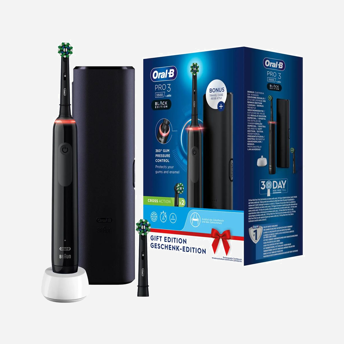 Oral-B Pro 3 3500 Brosse à dents rotative adulte noire, 3 modes (Soin quotidien, Sensible, Blanchiment), minuterie 2min/4x30sec, batterie Li-Ion, 2 têtes incluses - Oral-B Pro 3 3500. Utilité: Adulte, Type de brosse à dents: Brosse à dents rotative, Modes de brossage de dents: Soin quotidien, Sensible, Blanchiment. Source d'alimentation: Batterie, Type de batterie: Batterie intégré, Technologie batterie: Lithium-Ion (Li-Ion). Type d'emballage: Boîte. Nombre de poignées fournis: 1 pièce(s), Nombre de têtes de brossage incluses: 2 pièce(s)