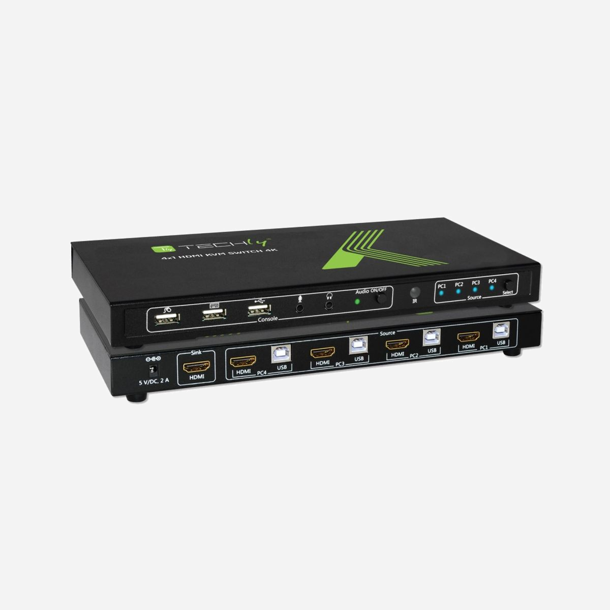 Switch KVM HDMI Techly IDATA-KVM-HDMI4U 4x1 USB 2.0 4Kx2K (3840x2160) avec ports console casque 3.5mm et micro, incluant câbles HDMI et USB - Techly 4x1 USB HDMI KVM Switch 4Kx2K IDATA KVM-HDMI4U. Port clavier: USB, Port souris: USB, Port vidéo: HDMI. Résolution maximale: 3840 x 2160 pixels, Résolution (numérique maximum): 3840 x 2160 pixels. Couleur du produit: Noir, Voyants: Fonctionnement, Certification: CE, RoHS. Certificats de conformité: CE, RoHS. Largeur: 270 mm, Profondeur: 110 mm, Hauteur: 35 mm