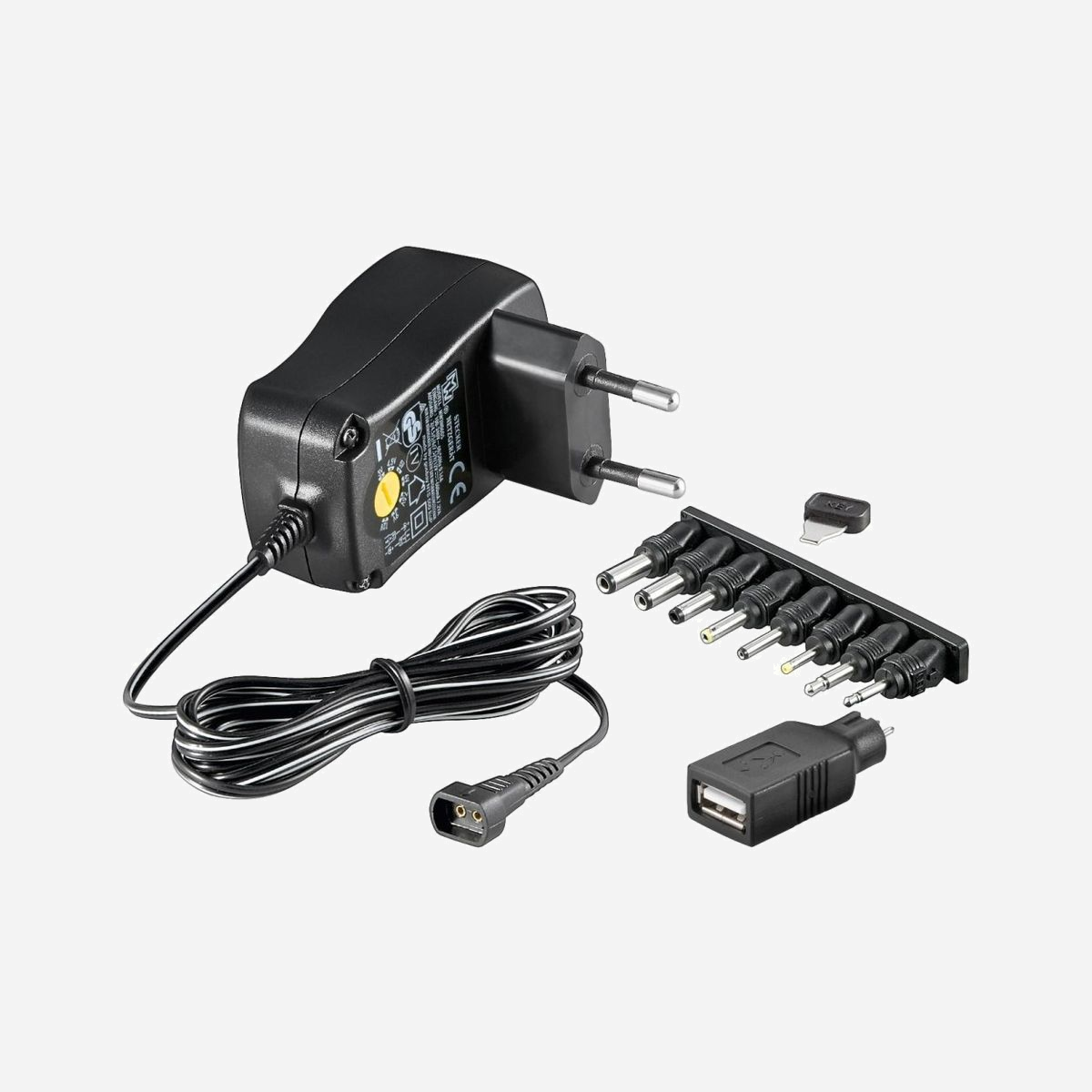 Techly IPW-NTS600G Adaptateur Secteur Universel 7.2W 3-12V 0.6A, 7 Connecteurs DC, USB 2.0, Protections Surcharge/Surchauffe/Court-circuit, Noir, Câble 1.8m - Techly IPW-NTS600G. Utilité: Universel, Type d'alimentation d'énergie: Intérieure, Tension d'entrée: 100 - 240 V. Courant de sortie de l'adaptateur secteur: 0,6 A, Note relative à la tension-rendement: 3 - 12 V. Couleur du produit: Noir, Voyants: Énergie. Certificats de conformité: RoHS. Longueur de câble: 1,8 m, Largeur: 75 mm, Profondeur: 43 mm
