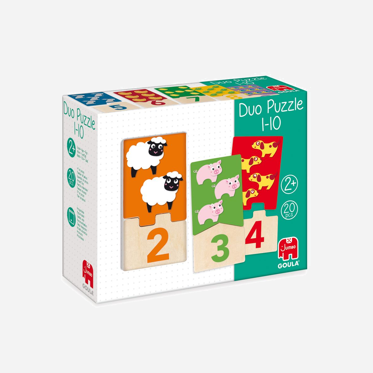 Puzzle Duo Jumbo 53329 - Puzzle Bois/Carton Multicolore 20 pièces - Apprentissage Mathématiques et Motricité - 75x210x170mm - Dès 2 ans - Apprenez à compter de 1 à 10 avec ce puzzle en bois coupé en deux. Le puzzle consiste à associer les pièces en fonction de leur forme, des quantités qui apparaissent, des couleurs et du nombre d’animaux. Système autocorrecteur dans lequel les pièces ne s’emboîtent que si elles sont bien placées et contient un sac en tissu pour stocker toutes les pièces à l’intérieur.