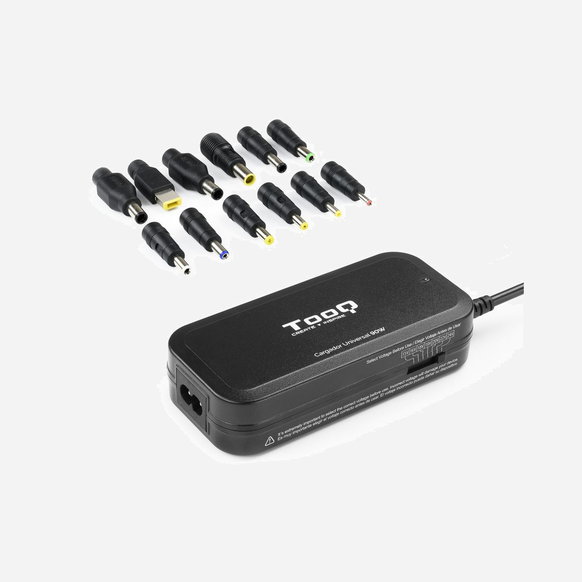 TooQ Chargeur Secteur 90W TQLC-90BS02M : USB 2.0, 100-240V, protections sur-courant/surtension/surchauffe/court-circuit, pour Caméscope, MP3, Téléphone - TooQ TQLC-90BS02M. Type de chargeur: Intérieure, Type de source d'alimentation: Secteur, Compatibilité de chargeur: Caméscope numérique, Caméra Numérique, MP3, Téléphone portable. Tension d'entrée: 100 - 240 V. Quantité de Ports USB 2.0: 1, Dispositifs de protection électrique: Sur-courant, Surtension, Surchauffe, Court-circuit. Couleur du produit: Noir