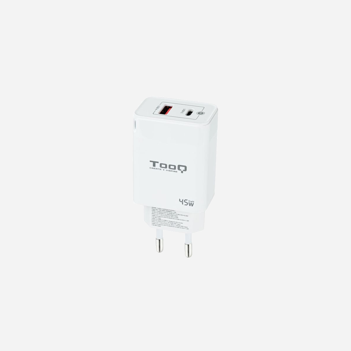 TooQ TQWC-GANQCPD45WT Chargeur Secteur Universel 45W GaN, 1x USB 2.0, 1x USB-C, Charge Rapide, 100-240V, Blanc, Prise EU, Compatibilité Windows/Mac - TooQ TQWC-GANQCPD45WT. Type de chargeur: Intérieure, Type de source d'alimentation: Secteur, Compatibilité de chargeur: Universel. Tension d'entrée: 100 - 240 V. Quantité de Ports USB 2.0: 1, Quantité de ports USB de type C: 1, Charge rapide. Couleur du produit: Blanc