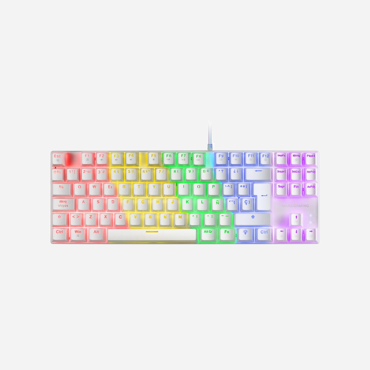 Mars Gaming MK80WBFR Clavier Gamer USB AZERTY FR Blanc Mécanique TKL Anti-Poussière Rétroéclairage RGB Anti-Ghosting Compatible Windows/macOS/Linux - Format TKL compact avec technologie mécanique anti-poussière durable et résistante, 12 effets d'éclairage RVB arc-en-ciel, touches à double injection indélébiles ultra-résistantes, fonctions multimédia et mode jeu et Anti-ghosting avancé. Grâce à ses fonctionnalités, le MK80 garantit des performances exceptionnelles dans un format optimisé. Tout cela avec une compatibilité multiplateforme maximale.<br><br><b>TKL TAILLE COMPACTE</b><br>Avec une taille optimisée sans pavé numérique mais avec des fonctionnalités technologiques maximales et une qualité supérieure, le MK80 vous permettra d'optimiser votre bureau et d'avoir de l'espace pour tout ce dont vous avez besoin.<br><br><b>CHOISISSEZ VOTRE COULEUR : BLANC OU NOIR</b><br>Disponible en deux couleurs : noir et blanc. Choisissez celui qui convient le mieux à votre configuration ! <br><br><b>INTERRUPTEURS MÉCANIQUES ANTI-POUSSIÈRE</b><br>Les interrupteurs mécaniques avec technologie anti-poussière garantissent une précision et une fiabilité totales, tout en protégeant votre système de l'entrée d'éléments externes tels que la poussière et la saleté. Equipés d'un boîtier de protection spécial entourant le piston de l'interrupteur mécanique, le système anti-poussière de ces interrupteurs prolonge au maximum la durée de vie de votre clavier, vous offrant la fiabilité et les performances professionnelles dont vous avez besoin.<br><br><b>TOUCHES MULTIMEDIA ET MODE JEU</b><br>Accédez facilement aux fonctions multimédias et aux raccourcis sur la rangée supérieure de touches, et activez le mode jeu pour éviter tout problème dans le jeu.<br><br><b>Puce de contrôle haute performance</b><br>Le clavier MK80 dispose d'une puissante puce intégrée haute performance, avec architecture ARM, 12 effets d'éclairage, un mode jeu et un anti-ghosting avancé.<br><br><b>COMPATIBILITÉ MULTIPLATEFORME COMPLÈTE</b><br>Profitez de possibilités infinies grâce à sa compatibilité multiplateforme totale : Windows, Linux, Mac, PS4, PS5, XBOX ONE, XBOX SERIES XS.<br><br><b>CLÉS INEFFAÇABLES À DOUBLE INJECTION</b><br>Fabriquées en ABS double injection ultra résistant à deux niveaux, les touches MK80 offrent une durabilité maximale car il est impossible que les caractères soient effacés ou endommagés à l'usage. Les clés resteront comme neuves après des années d'utilisation intensive. Oubliez l’usure pour toujours.<br><br><b>12 EFFETS D'ÉCLAIRAGE ARC-EN-CIEL FRGB</b><br>Le système d'éclairage LED Rainbow FRGB du MK80 vous offre 12 effets spéciaux pour une personnalisation et un spectacle maximum.