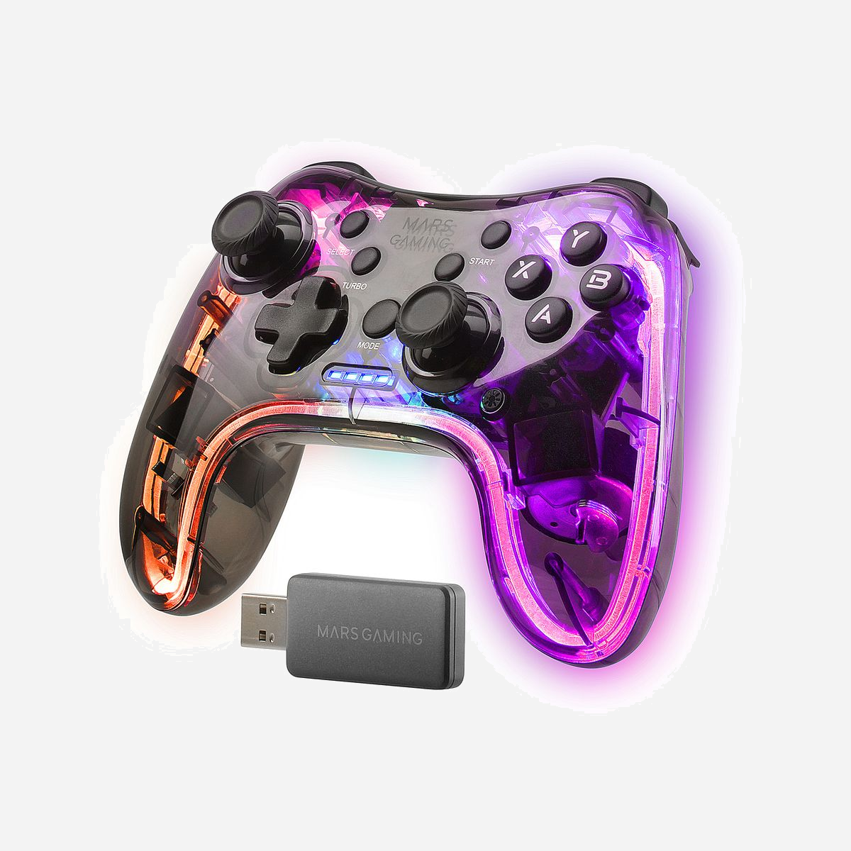 Mars Gaming MGP24 Manette de Jeu Sans Fil 2.4GPRO, Rétroéclairage RGB, Vibration Haptique, PC/PS3/PS4/Xbox 360/Android/MAC, Batterie 10h - Manette de jeu avec connexion sans fil professionnelle 2.4GPRO, sans décalage et stabilité de connexion maximale. Design noir translucide spectaculaire avec éclairage NEON RGB. Système de vibration haptique double et compatibilité multiplateforme supérieure.<br><br><b>CONNEXION SANS FIL PROFESSIONNELLE 2.4GPRO</b><br>Pour des performances sans fil professionnelles sans décalage ni interférence, le MGP-24 intègre la technologie 2.4GPRO la plus avancée avec adaptateur USB intégré. La connexion 2.4GPRO est la technologie sans fil professionnelle de choix car elle est techniquement supérieure, plus rapide et plus stable que la technologie Bluetooth. De plus, profitez jusqu'à 10 heures d'utilisation avec sa batterie haute capacité et rechargez-la facilement avec le câble USB-C amovible inclus.<br><br><b>CONCEPTION TRANSLUCIDE AU NÉON RVB</b><br>Admirez la beauté électronique et mécanique du MGP-24 à travers sa finition noire translucide et laissez-vous éblouir par son spectaculaire système d'éclairage à fibre optique RVB multimode.<br><br><b>Éclairage multi-mode RVB</b><b>DOUBLE VIBRATION HAPTIQUE</b><br>Le MGP-24 dispose d'un puissant système de vibration haptique pour apporter un réalisme extrême à vos jeux.<br><br><b>CONCEPTION ERGONOMIQUE</b><br>Le confort est garanti grâce à son design ergonomique aux formes arrondies et aux joysticks positionnés de manière asymétrique.<br><br><b>COMPATIBILITÉ MULTIPLATEFORME SUPÉRIEURE</b><br>Compatible avec PC, PS3, PS4, PS5 (jeux PS4 uniquement), XBOX360, Raspberry Pi, Mac et *Android <br><br><b>PERFORMANCE MAXIMALE</b><br>Modes X-input et Direct-input pour une compatibilité totale, fonction turbo, 20 boutons tactiles, joysticks analogiques et pavé directionnel haute précision.