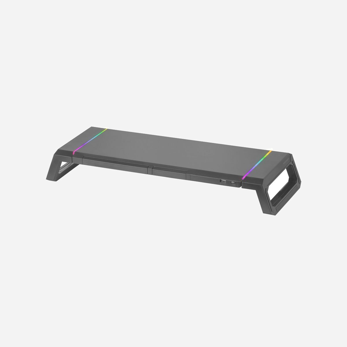 Mars Gaming MGSONE Support écran bureau noir RGB USB 2.0 réglable 410-545mm ABS charge max 30kg 200x545x75mm - Support d'écran haut de gamme avec éclairage CHROMA RGB avancé, port USB 2.0, support pour mobile/tablette et tiroir de rangement. Entièrement réglable avec 3 tailles différentes grâce à ses côtés rabattables.<br><br><b>ÉCLAIRAGE CHROMA RVB</b><br>Rendez votre configuration encore plus spectaculaire grâce aux deux bandes CHROMA RGB et leurs 10 modes d'éclairage avancés facilement contrôlables via le bouton intégré. <br><br><b>TAILLE RÉGLABLE</b><br>Adaptez le MGS-ONE à vos besoins grâce aux 3 tailles possibles grâce aux côtés rabattables<br><br><b>PLUSIEURS EXTRAS</b><br>1. Connexion illimitée grâce à son connecteur USB 2.0 en façade. <br/> 2. Utilisez le support pour smartphone/tablette dans la position ergonomique parfaite sous le moniteur.<br/> 3. Rangez clés USB, cartes ou petits accessoires dans son tiroir intégré.<br/><br/> Le plus grand nombre d'extras utiles sur votre bureau dans un minimum d'espace.<br><br><b>ERGONOMIE MAXIMALE</b><br>Avec le MGS-ONE, vous pouvez ranger votre clavier et/ou votre souris sous le support, ce qui vous permet de libérer de l'espace sur votre bureau tout en positionnant le moniteur à la hauteur parfaite pour vos yeux pour obtenir une ergonomie parfaite.
