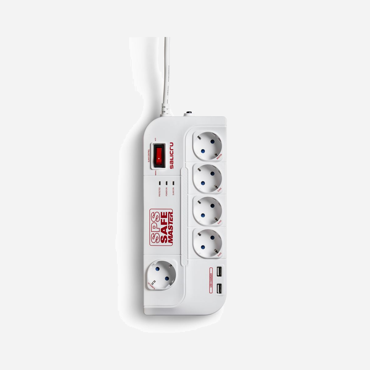 Salicru SPS SAFE Master : Multiprise 5 Prises Type F, 2 USB, 250V, 10A, 918J, Filtre EMI/RFI, Fonction Maître/Esclave, Câble 1.8m - La série SPS SAFE de Salicru est une gamme complète de protecteurs électriques actifs de bases multiples, parfaits pour assurer la protection des dispositifs électroniques de bureau et domestiques. Depuis les modèles les plus élémentaires SPS SAFE 3 et SPS SAFE 6 avec 3 et 6 bases de prises, respectivement, en passant par le modèle SPS SAFE 7, pourvu de 7 bases de prises, d'un filtre EMI/RFI et d'un enrouleur de câbles intégré, jusqu'aux modèles SPS SAFE 5+ et SPS SAFE Master avec 5 prises de courant et 2 chargeurs USB pour la chargement de dispositifs électroniques. Par ailleurs, outre le filtre EMI/RFI, le modèle SPS SAFE Master intègre également la fonction master/slave qui permet de réaliser d'importantes économies en évitant les charges fantômes en stand-by.