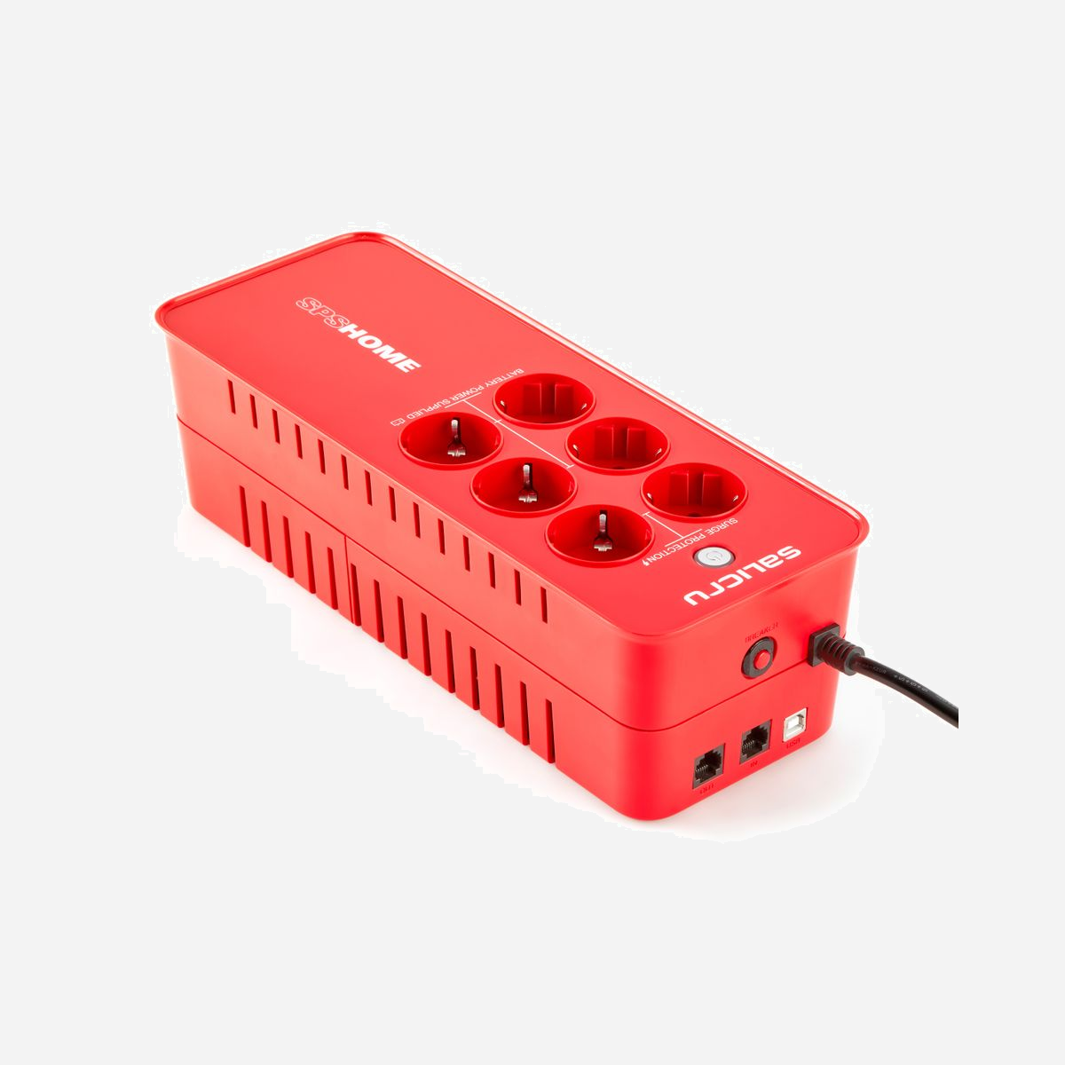Salicru SPS 650 HOME : Onduleur Off-line 650VA (360W), 6 Prises Type F (4 Back-up), Protection RJ45, USB HID, Compatible Windows/Linux/macOS - Les systèmes d'alimentation ininterrompue (onduleur) de la série SPS HOME de Salicru adoptent la technologie Off-line et sont disponibles dans des puissances de 650 et 850 VA ; de plus, ils sont fondés sur une conception à base multiple pourvue de 6 prises et sont en mesure de protéger les charges au moyen d'un correcteur de facteur de puissance (APFC). Les 6 prises de connexion sont pourvues d'une protection contre les surtensions et 3 ou 4 d'entre elles offrent également un back-up d'autonomie en cas de défaillance de l'alimentation électrique. Par ailleurs, non seulement les prises sont stratégiquement orientées afin de faciliter la connexion de transformateurs de courant, en outre, elles disposent d'une protection enfant assurée par des obturateurs. La protection est complétée par des prises RJ45 chargées d'assurer la protection de la connexion téléphone/ADSL/ Ethernet contre les surtensions et/ou le bruit électrique. De plus, afin de faciliter la gestion et le contrôle de l'onduleur, l'interface USB intègre le protocole HID qui permet de configurer différents paramètres ainsi que l'arrêt/hibernation de l'ordinateur. Des logiciels conçus pour la surveillance et la fermeture organisée de fichiers sont également disponible pour Windows, Linux et Mac.