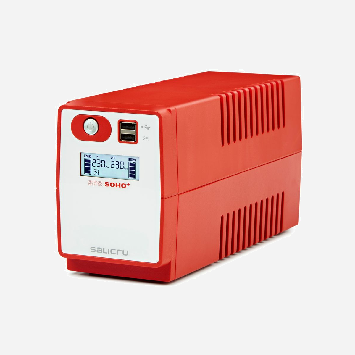 Salicru SPS 650 SOHO+ IEC : UPS Line-Interactive 650VA/360W, AVR, 4 prises IEC C13, USB (2.0 x2), LCD, compatible Windows/Unix/Mac - Les systèmes d'alimentation ininterrompue (onduleurs/UPS) de la série SPS SOHO+ de Salicru intègrent, parmi les performances les plus remarquables, la technologie Line-interactive, la compatibilité avec charges APFC (Active Power Factor Correction) et un double chargeur USB à l'avant ; le tout dans une gamme de puissances allant de 500 à 2200 VA et des versions avec des prises de sortie de type schuko ou IEC. La technologie Line-interactive est basée sur un régulateur de tension automatique (AVR Buck/Boost) qui atténue les fluctuations éventuelles de la tension d'entrée, ce qui provoque en même temps, une moindre utilisation des batteries, en allongeant la durée de vie de celles-ci, et en disposant du maximum d'autonomie si nécessaire. Elle dispose également d'une interface USB avec protocole HID pour le contrôle, le paramétrage et l'arrêt/l'hibernation de l'ordinateur. Un progiciel est également disponible pour la gestion et la surveillance des environnements associés, y compris pour les systèmes virtualisés. La gamme de modèles dispose des puissances : 500, 650, 850, 1.200, 1.600 et 2.200 VA.