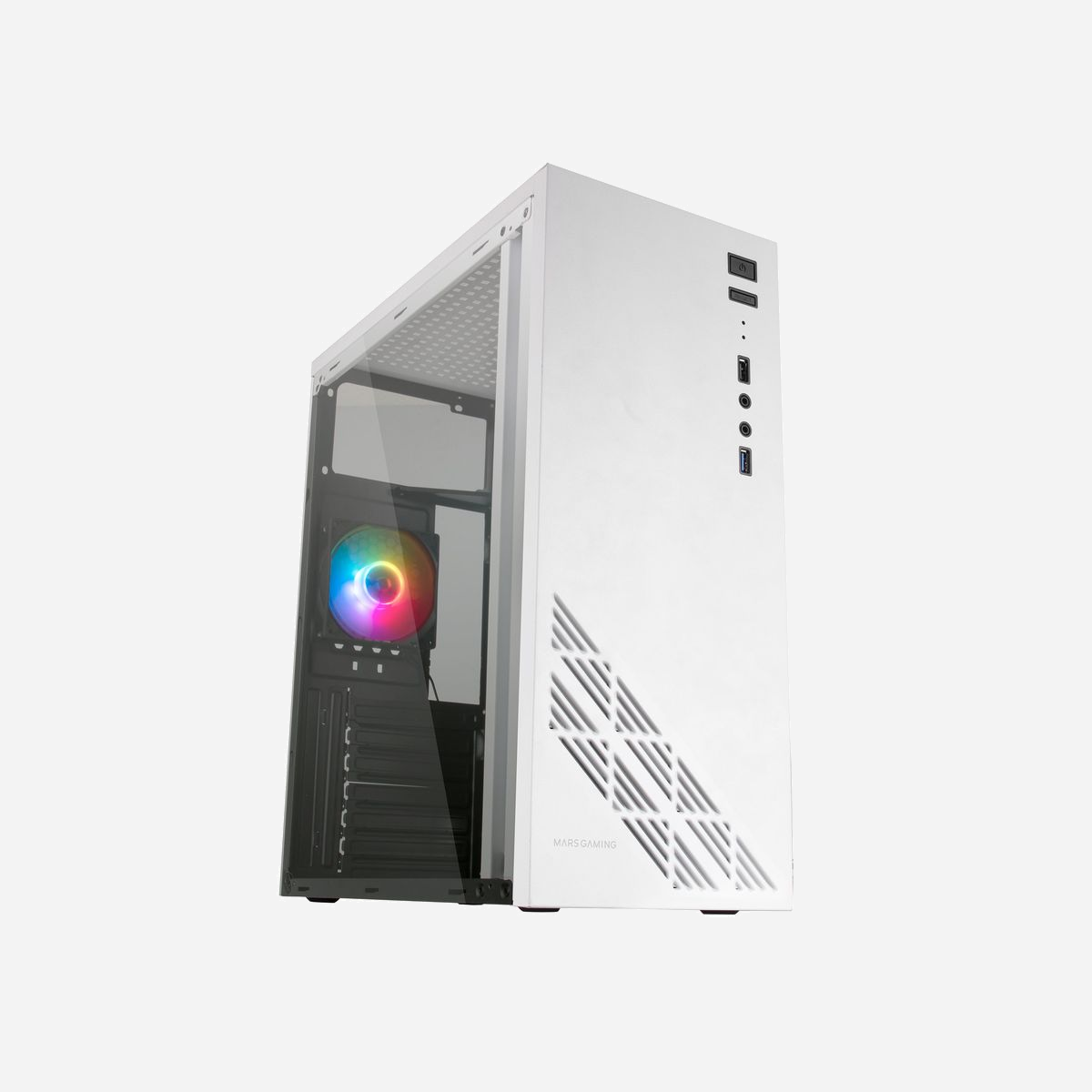 Mars Gaming MC100W Boîtier PC Blanc Acier Ultra-léger ATX/microATX/Mini-ITX, Vent FRGB, fenêtre latérale, 2x3.5", 2x2.5", USB 3.2 Gen 1, ventilateur 90mm, refroidissement liquide 120mm, 29.5cm GPU, 15.9cm CPU - Fabriqué entièrement en acier ultra-léger pour une résistance et une durabilité extrêmes. Design gaming élégant avec un flux d'air constant grâce à son ventilateur FRGB, sa grille avant et son panneau supérieur CONVECT-COOL. De plus, vous pouvez parfaitement exposer votre matériel grâce à sa fenêtre latérale complète.<br><br><b>CAPACITÉ INTERNE AVANCÉE</b><br>Le MC100 offre un espace interne suffisant pour l'installation de composants hautes performances, offrant une prise en charge des cartes mères ATX, microATX et mini-ITX, de plusieurs disques durs et d'une gestion efficace des câbles internes.<br><br><b>DISPONIBLE EN 2 VERSIONS</b><b>NOIR OU BLANC</b><br>Disponible en deux finitions, noir et blanc. Choisissez celui qui convient le mieux à votre configuration !<br><br><b>100% ACIER ULTRA-LÉGER</b><br>Entièrement fabriqué en alliage d'acier ultra-léger, sans façade en plastique. Résistance, légèreté et écologie.<br><br><b>ÉCLAIRAGE DE JEU</b><br>La ventilation arrière du MC100 est dotée d'un système d'éclairage RVB fixe qui fournit à votre configuration un flux constant de couleurs, élevant au maximum l'esthétique de votre équipement. <br><br><b>CONVECT-COOL REFROIDISSEMENT AVANCÉ</b><br>Un flux d'air constant est la clé pour prolonger la durée de vie de vos composants et maintenir votre système à des performances optimales. Pour cette raison, le MC100 est doté de son panneau supérieur innovant CONVECT-COOL qui permet un refroidissement puissant et silencieux sans bruit ni ventilateur grâce à la convection thermique, une grille d'air avant et un ventilateur d'extraction d'air arrière. De plus, sa façade métallique contribue à améliorer passivement la transmission de la chaleur vers l'extérieur.