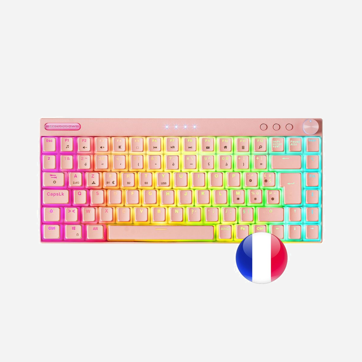 Mars Gaming MKCLOUDPRFR Clavier Gamer 75% Rose USB + Bluetooth AZERTY Français, Switches OUTEMU SQ Pro, RGB Chroma, Batterie 200h, 1000Hz, Anti-Ghosting - Le clavier premium le plus avancé. Système de connexion triple : 2.4GPRO pour les jeux sans fil, Bluetooth 5.0 multiplateforme et connecteur USB-C vers USB-A amovible pour des performances maximales. Batterie lithium-ion avec jusqu'à 200 heures d'autonomie. Taille ultra-compacte exclusive à 75 %, touches PBT Pudding spectaculaires, FULL RGB CHROMA, commutateurs OUTEMU SQ PRO DUST-PROOF, les effets d'éclairage les plus impressionnants et un logiciel de configuration complet.<br><br><b>TAILLE EXCLUSIVE ULTRA-COMPACTE 75%</b><br>Toutes les fonctionnalités d'un clavier TKL dans la plus petite taille possible grâce au format exclusif ultra-compact 75%. Tirez le meilleur parti de votre bureau et transportez votre clavier confortablement où vous le souhaitez.<br><br><b>CHOISISSEZ VOTRE COULEUR : BLANC, NOIR OU ROSE</b><br>Disponible en trois couleurs : blanc, noir et rose. Choisissez celui qui convient le mieux à votre configuration ! <br><br><b>LOGICIEL DE CONTRÔLE PROFESSIONNEL</b><br>Il existe un MKCLOUD pour chaque type de joueur : non seulement vous pouvez choisir le type de switch et la couleur du clavier, mais son logiciel de contrôle offre de multiples possibilités pour vous permettre de personnaliser votre expérience à votre guise, vous permettant d'ajuster tous les paramètres de votre clavier à votre guise, de son éclairage à la création de macros spécialisées.<br><br><b>BATTERIE LITHIUM-ION INTERNE À ULTRA HAUTE CAPACITÉ</b><br>Bénéficiez d'une véritable connectivité sans fil avec jusqu'à 200 heures d'autonomie grâce à sa batterie lithium-ion ultra-haute capacité et à sa technologie avancée d'économie d'énergie. De plus, il dispose d'un système de charge rapide pour l'avoir toujours prêt en un temps record.<br><br><b>COMPATIBILITÉ MULTIPLATEFORME ABSOLUE</b><br>Bénéficiez de possibilités infinies grâce à sa compatibilité multi-plateforme totale avec triple connexion Bluetooth, 2.4GPRO et USB : PC, Mac, PS5, PS4, Switch, XBOX ONE, XBOX SERIES S/X, smartphones, tablettes, smart-TV,...<br><br><b>SYSTÈME DE CONNEXION TRIPLE</b><br>MKCLOUD intègre le système de connexion le plus avancé et le plus complet du marché avec trois possibilités : <br> - MODE SANS FIL 2.4GPRO : Grâce à son récepteur USB et à son chipset interne doté de la technologie de jeu sans fil 2.4GPRO la plus avancée, vous obtiendrez une latence ultra-faible et les performances nécessaires pour profiter du jeu sans fil à un niveau professionnel. <br> - MODE SANS FIL BLUETOOTH 5.0 : Connectez-vous à n'importe quel appareil prenant en charge les claviers Bluetooth avec un confort total pour une polyvalence d'utilisation absolue. <br>- MODE USB AMOVIBLE : Avec son connecteur USB-C vers USB-A amovible, vous pouvez connecter le MKCLOUD par câble et ainsi obtenir des performances d'utilisation maximales avec un taux d'interrogation configurable jusqu'à 1000 Hz et une latence nulle. De plus, une fois connecté, vous pouvez charger la batterie interne ultra-rapidement.<br><br><b>TOUCHES PUDDING PBT SPECTACULAIRES</b><br>Fabriqués en PBT ultra-résistant à double injection à deux niveaux, les keycaps MKCLOUD vous offrent un spectacle lumineux sans précédent dans lequel les touches semblent flotter sur une base de lumière et de couleur. De plus, le PBT est un matériau beaucoup plus résistant et raffiné que l'ABS traditionnel, de sorte que les touches resteront comme neuves après des années d'utilisation intensive. Oubliez l’usure pour toujours.<br><br><b>INTERRUPTEURS MÉCANIQUES ÉTANCHES À LA POUSSIÈRE OUTEMU SQ PRO</b><br>Les commutateurs mécaniques OUTEMU SQ garantissent une précision et une fiabilité totales, tout en protégeant votre système de l'entrée d'éléments externes tels que la poussière. Equipé d'un boîtier de protection spécial entourant le piston du commutateur mécanique, le système SQ de ces commutateurs exclusifs OUTEMU prolonge au maximum la durée de vie de votre clavier, vous offrant la fiabilité et les performances professionnelles dont vous avez besoin.<br><br><b>VOLANT ET BOUTONS DE COMMANDE</b><br>MKCLOUD dispose d'une molette et de boutons de commande pour régler l'éclairage et le système multimédia avec un confort total.<br><br><b>ÉCLAIRAGE CHROMA RVB COMPLET</b><br>Le système d'éclairage LED RGB MKCLOUD vous offre jusqu'à 16,8 millions de couleurs grâce à son logiciel de contrôle. Choisissez parmi 21 effets d'éclairage et profils personnalisables pour concevoir votre propre éclairage : toutes les options dont vous avez besoin pour obtenir exactement le clavier que vous souhaitez.