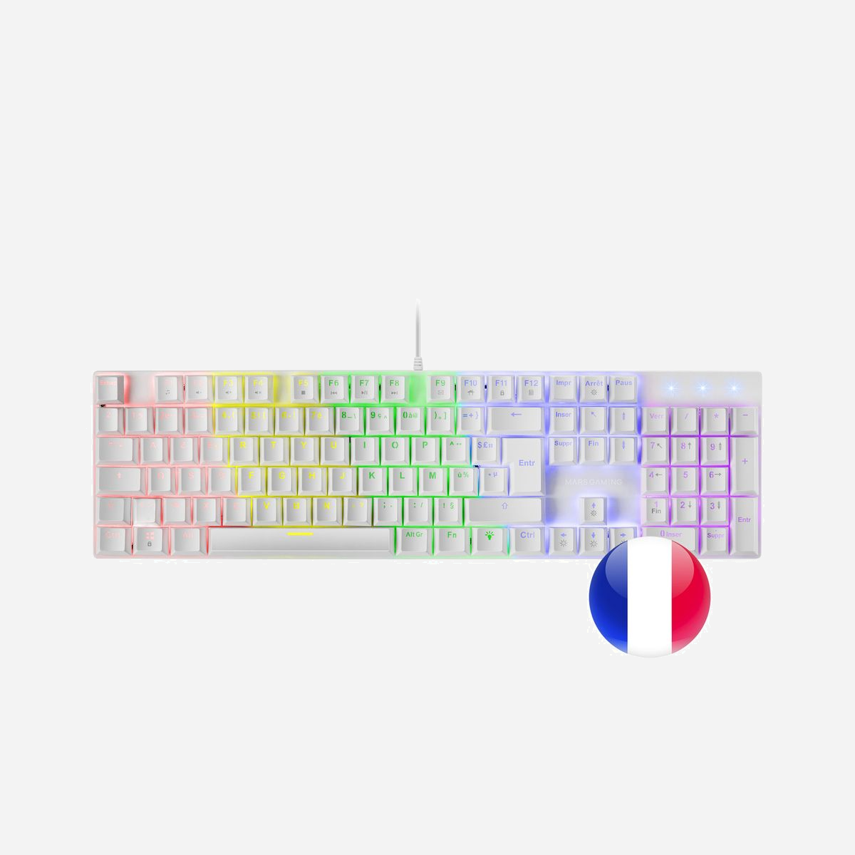 Mars Gaming MK422WBRFR Clavier Mécanique USB AZERTY Français Blanc, Switches Anti-poussière, Rétroéclairage LED RGB, Anti-ghosting, Compatible Windows/macOS/Linux - Technologie mécanique anti-poussière durable et résistante, 12 effets d'éclairage RVB arc-en-ciel, touches à double injection indélébiles ultra-résistantes, fonctions multimédia et mode jeu et Anti-ghosting avancé. Grâce à ses fonctionnalités, le MK422 garantit des performances exceptionnelles pour les utilisations les plus exigeantes. Tout cela avec une compatibilité multiplateforme maximale.<br><br><b>CLAVIER ARC-EN-CIEL RVB</b><br>Doté de commutateurs mécaniques pleine taille avec protection contre la poussière, le clavier MK422 vous offre une précision et une fiabilité totales. Il est équipé de 12 modes d'éclairage RVB qui améliorent l'esthétique du clavier et votre configuration de jeu. <br><br><b>CHOISISSEZ VOTRE COULEUR : BLANC OU NOIR</b><br>Disponible en deux couleurs : noir et blanc. Choisissez celui qui convient le mieux à votre configuration ! <br><br><b>INTERRUPTEURS MÉCANIQUES ANTI-POUSSIÈRE</b><br>Les interrupteurs mécaniques avec technologie anti-poussière garantissent une précision et une fiabilité totales, tout en protégeant votre système de l'entrée d'éléments externes tels que la poussière et la saleté. Equipés d'un boîtier de protection spécial entourant le piston de l'interrupteur mécanique, le système anti-poussière de ces interrupteurs prolonge au maximum la durée de vie de votre clavier, vous offrant la fiabilité et les performances professionnelles dont vous avez besoin.<br><br><b>TOUCHES MULTIMEDIA ET MODE JEU</b><br>Accédez facilement aux fonctions multimédias et aux raccourcis sur la rangée supérieure de touches, et activez le mode jeu pour éviter tout problème dans le jeu.<br><br><b>Puce de contrôle haute performance</b><br>Le clavier MK422 dispose d'une puissante puce intégrée haute performance, avec architecture ARM, 12 effets d'éclairage, un mode jeu et un anti-ghosting avancé.<br><br><b>COMPATIBILITÉ MULTIPLATEFORME COMPLÈTE</b><br>Profitez de possibilités infinies grâce à sa compatibilité multiplateforme totale : Windows, Linux, Mac, PS4, PS5, XBOX ONE, XBOX SERIES XS.<br><br><b>CLÉS INEFFAÇABLES À DOUBLE INJECTION</b><br>Fabriquées en ABS double injection ultra résistant à deux niveaux, les touches MK422 offrent une durabilité maximale car il est impossible que les caractères soient effacés ou endommagés à l'usage. Les clés resteront comme neuves après des années d'utilisation intensive. Oubliez l’usure pour toujours.<br><br><b>12 EFFETS D'ÉCLAIRAGE RVB ARC-EN-CIEL</b><br>Le système d'éclairage LED Rainbow RGB du MK422 vous offre 12 effets spéciaux pour une personnalisation et un spectacle maximum