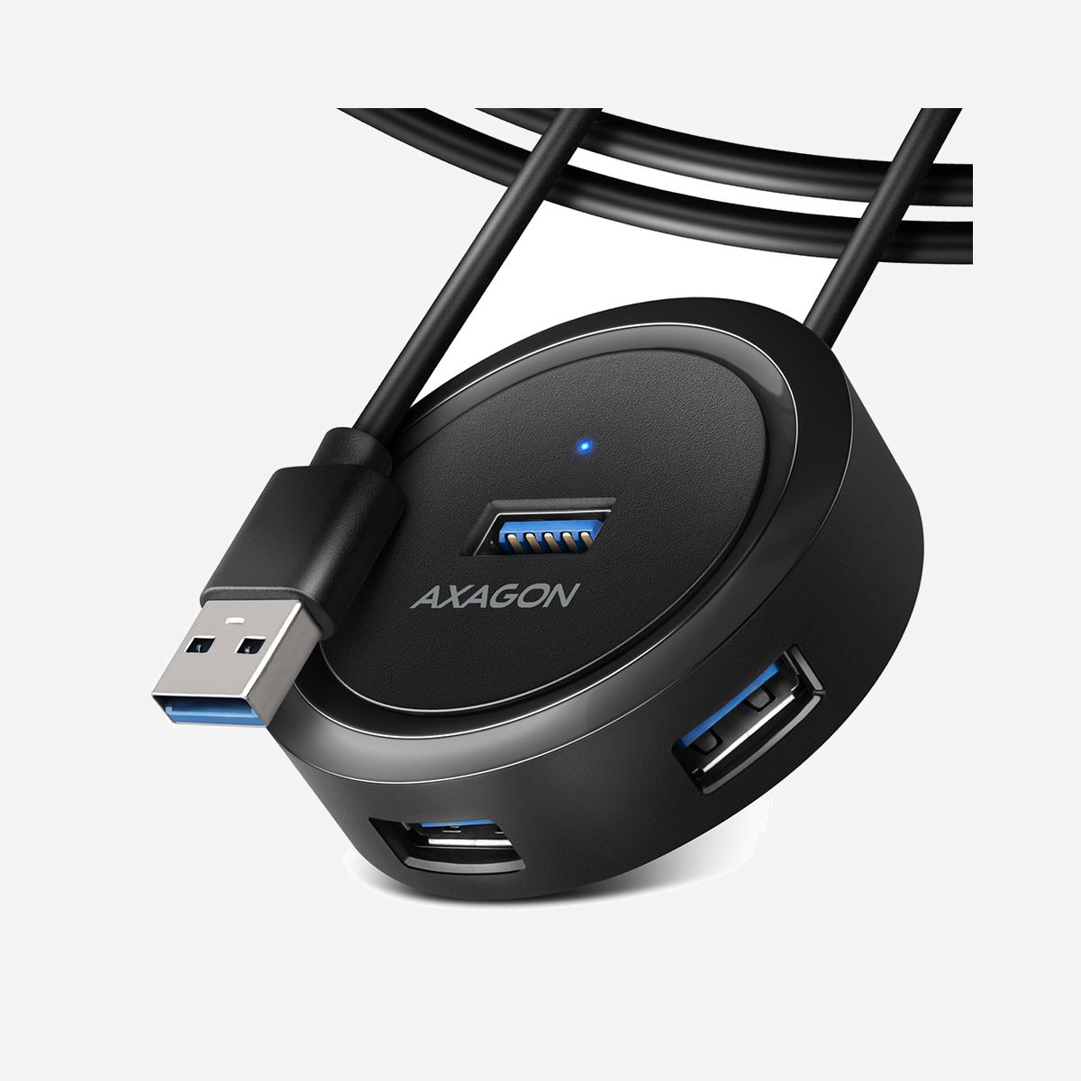 Axagon HUE-P1AL Hub USB 3.2 Gen 1 Type-A 4 Ports 5000 Mbit/s Noir, Câble 1.2m, Windows, macOS, Linux, Android, 60x60x18mm - Axagon HUE-P1AL. Interface de l'hôte: USB 3.2 Gen 1 (3.1 Gen 1) Type-A, Interfaces Hub: USB 3.2 Gen 1 (3.1 Gen 1) Type-A. Taux de transfert de données: 5000 Mbit/s, Couleur du produit: Noir, Matériau du boîtier/corps: Plastique. Type d'alimentation d'énergie: USB. Prise en charge du système d'exploitation Windows: Windows 10, Windows 10 x64, Windows 7, Windows 7 x64, Windows 8, Windows 8 x64, Windows 8.1,..., Prise en charge du système d'exploitation Mac: Mac OS X 10.4 Tiger, Mac OS X 10.5 Leopard, Mac OS X 10.6 Snow Leopard, Mac OS X 10.7 Lion, Mac OS..., Prise en charge du système d'exploitation Linux: Kernel 2.6, Kernel 2.6.31, Kernel 2.6.33. Largeur: 60 mm, Profondeur: 18 mm, Hauteur: 60 mm