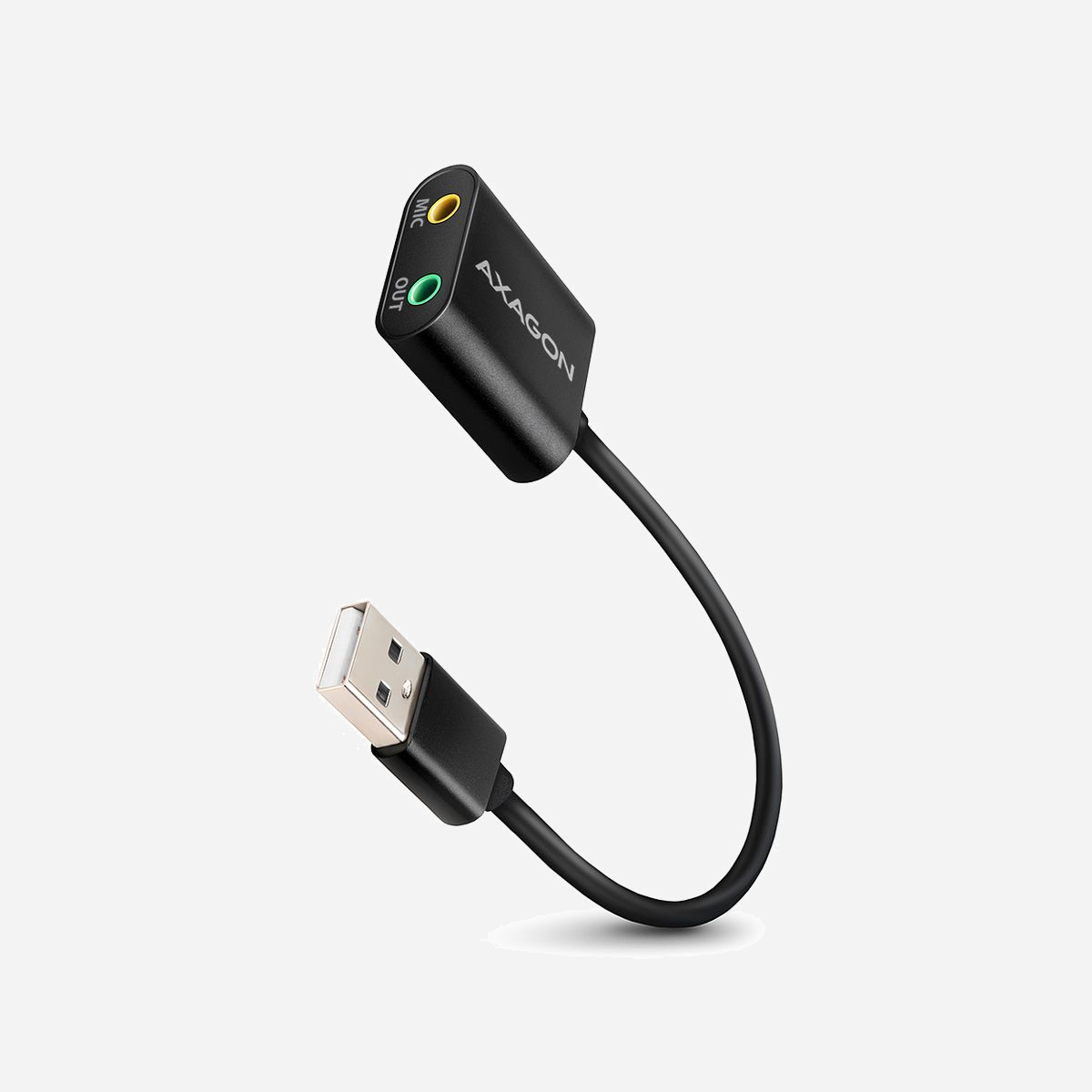 Axagon ADA-12 Adaptateur Audio USB 2.0 Stéréo, 2.0 Canaux, SNR 93dB, 16-bit/48kHz ADC/DAC, Jack 3.5mm, Câble 15cm, Windows/macOS/Linux - Axagon ADA-12 USB 2.0 Stereo Audio Mini-Adapter 15 cm Kabellänge - Kabel - Audio/Multimedia. Canaux de sortie audio: 2.0 canaux, Qualité audio: 16 bit, Le rapport signal sur bruit (SNR): 93 dB. Interface de l'hôte: USB, Casque connection: 3,5 mm. Longueur de câble: 0,15 m, Couleur du produit: Noir, Certification: CE. Prise en charge du système d'exploitation Windows: Windows 10, Windows 11, Windows 7, Windows 8. Poids: 16 g, Largeur: 29 mm, Profondeur: 29 mm