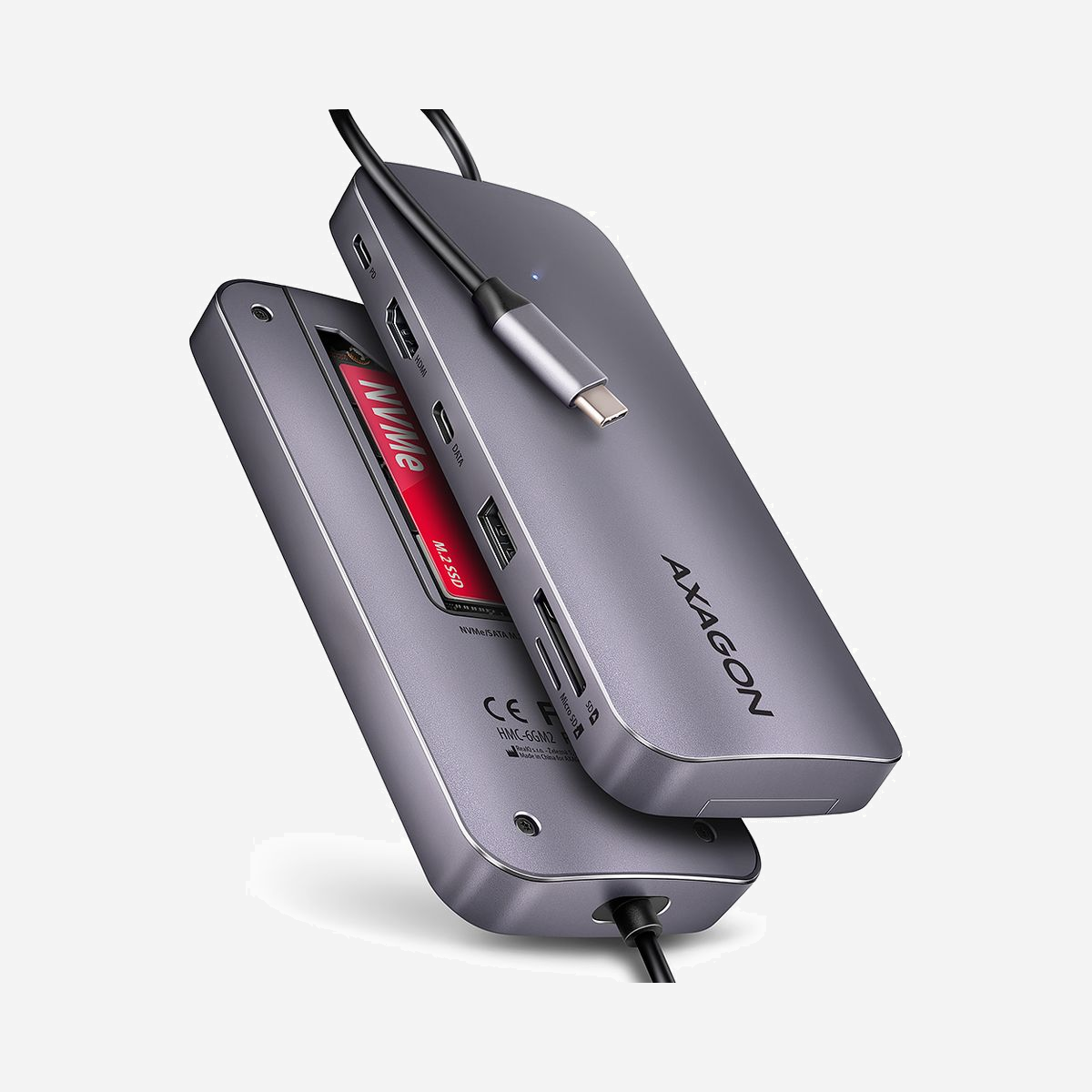 Axagon HMC-6GM2 Hub USB-C 3.2 Gen 2 10Gbps, Ports USB-A/USB-C, HDMI 4K, Lecteur Cartes SD/MicroSD, SSD M.2 NVMe, Power Delivery 100W, Gris - Axagon HMC-6GM2 USB 10Gbps hub USB-A USB-C HDMI M.2 SD/mSD PD 100W USB-C. Technologie de connectivité: Avec fil, Interface de l'hôte: USB 3.2 Gen 2 (3.1 Gen 2) Type-C, Délivrance de la puissance USB jusqu’à: 100 W. Couleur du produit: Gris, Cartes mémoire compatibles: MMC, MMC Mobile, MicroSD (TransFlash), MicroSDHC, MicroSDXC, MiniSD, MiniSDHC, RS-MMC, SD, SDHC,..., Types de lecteurs de stockage pris en charge: SSD. Type de source d'alimentation: USB, Connecteur d'alimentation: USB Type-C, Longueur du câble USB: 0,2 m. Largeur: 149 mm, Profondeur: 65 mm, Hauteur: 17 mm. Quantité: 1 pièce(s), Largeur du colis: 210 mm, Profondeur du colis: 129 mm