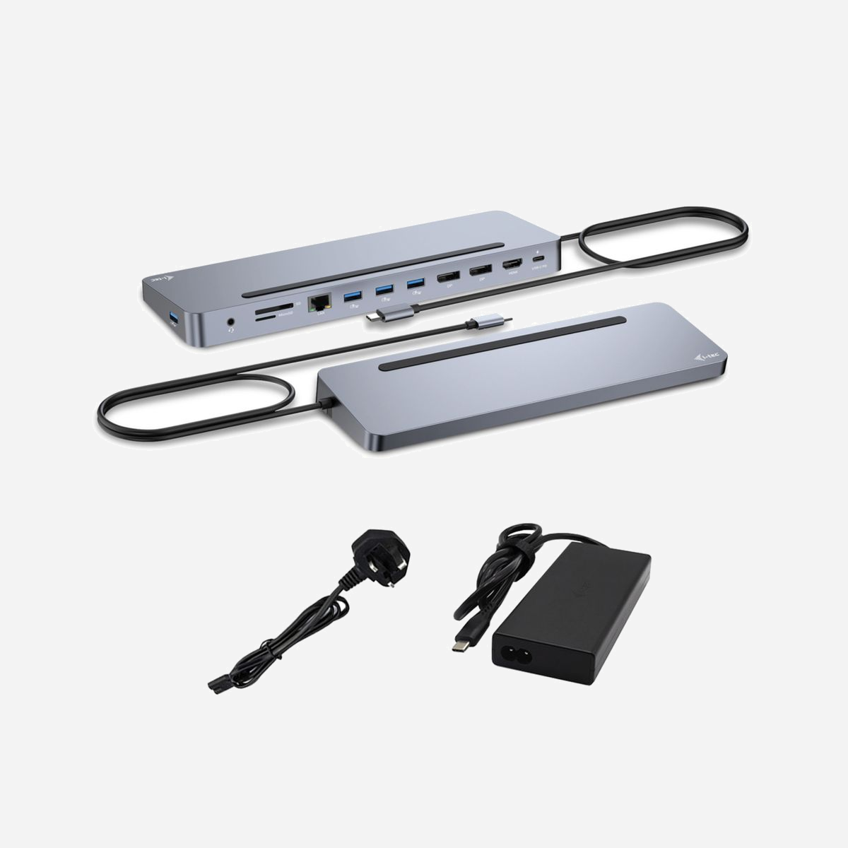 i-tec Station d'Accueil USB-C Métal 3x4K - Power Delivery 100W (C31FLAT2PDPRO100W) - 4x USB 3.2, RJ45, Lecteur SD/microSD, Compatible Windows/macOS/Linux - Station d’accueil USB-C ergonomique en métal avec prise en charge de 3 moniteurs externes. La station d’accueil est compatible avec tout ordinateur portable équipé d’un port USB-C ou Thunderbolt (le câble intégré de 60 cm de long est suffisamment long pour connecter tous les ordinateurs portables avec des écrans jusqu’à 15″). La station d’accueil offre 4 ports USB, une connectivité fiable et rapide aux réseaux d’entreprise grâce au port LAN intégré et une alimentation électrique jusqu’à 100 W. Le design de la station d’accueil lui permet également d’être utilisée comme support d’ordinateur portable.<br><br>La station d’accueil est disponible en deux versions :<br>1. sans l’adaptateur de charge USB-C inclus (code produit C31FLAT2PDPRO).<br>2. avec l’adaptateur 100W inclus (code produit C31FLAT2PDPRO100W/UK).<br><br>- Connectez jusqu’à trois moniteurs externes avec une résolution allant jusqu’à 4K*.<br>- Puissance : jusqu’à 100W<br>- Fournit 2x DisplayPort et HDMI<br>- 4x ports USB 3.2 (5 Gbps) vous permettent de connecter facilement vos appareils et périphériques USB.<br>- Gigabit Ethernet RJ-45 fournit une connectivité Internet fiable, robuste et à haut débit avec une prise en charge des vitesses de 10/100/1000 Mbps.<br>- Prise combinée audio et microphone (casque) sur le panneau avant<br>- Lecteurs de cartes SD et microSD<br>- Corps en métal<br>- Peut également être utilisé comme support pratique pour ordinateur portable<br><br>Remarque : macOS ne prend pas en charge la technologie MST (Multi Stream Transport), ce qui signifie que lorsqu’ils sont connectés à un appareil macOS, tous les moniteurs connectés afficheront la même image.<br><br><b>Adaptateur d’alimentation universel</b><br>Cet adaptateur d’alimentation universel USB-C 100W est un excellent choix pour alimenter tout ordinateur portable ou autre appareil équipé de l’USB-C qui prend en charge l’USB-C Power Delivery avec une puissance maximale requise de 100W.