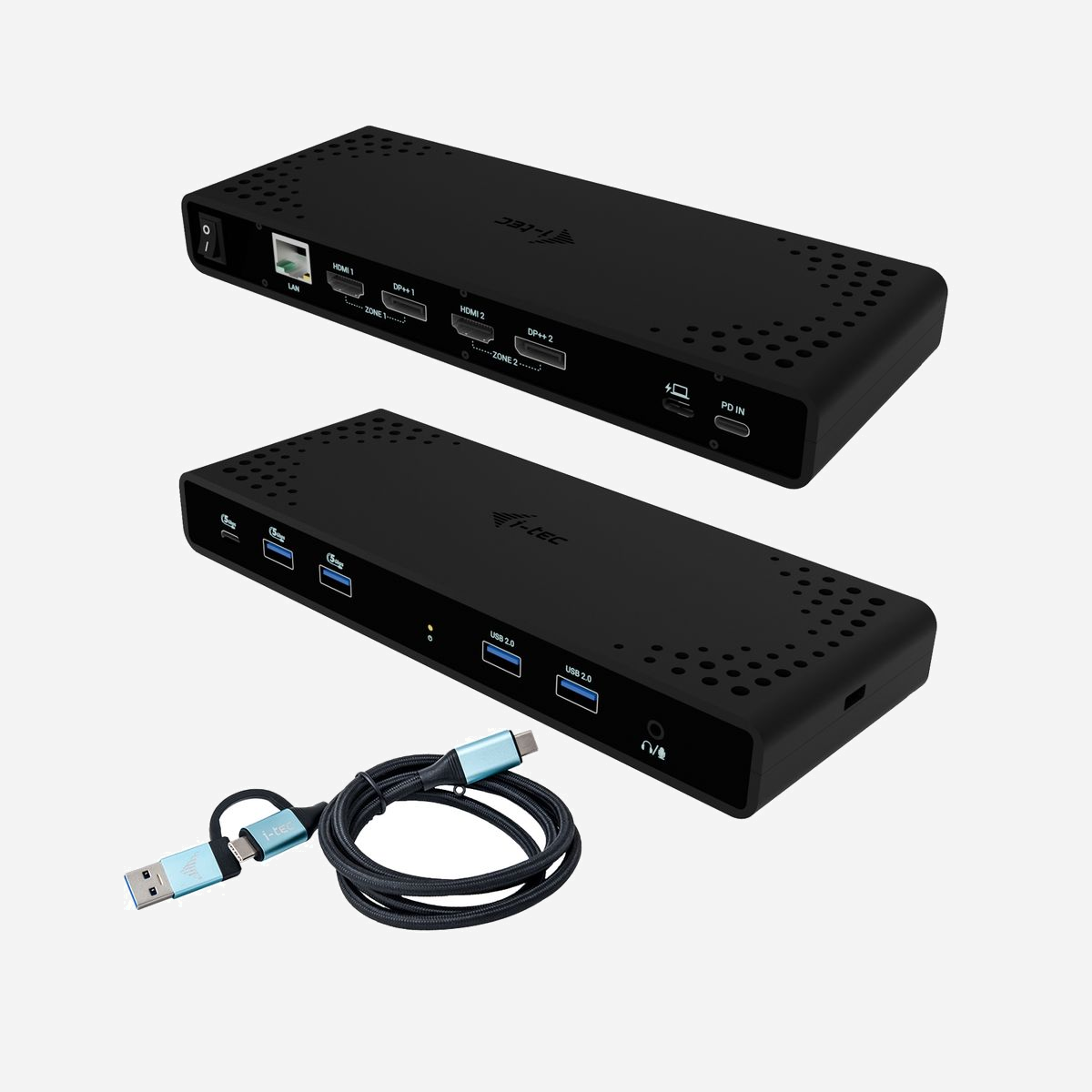 i-tec CADUA4KDOCKPDB : Station d'accueil universelle Dual 4K (2x DP, 2x HDMI) USB-C/3.0, Power Delivery 85W, 2x USB 3.1, LAN, Audio, compatible Windows/macOS/Linux - Une station d’accueil puissante, mais abordable, qui prend en charge la sortie vers deux moniteurs externes en haute résolution, jusqu’à 4K/60Hz. La station d’accueil peut être utilisée avec pratiquement tous les ordinateurs portables car elle prend en charge la connexion à tous les ports courants : 3.0, USB-C, USB4 et Thunderbolt » 3/4 tout en prenant en charge tous les systèmes d’exploitation courants.<br>De nombreux ports, une connexion fiable et rapide au réseau d’entreprise grâce au port LAN intégré et la prise en charge de l’installation derrière un moniteur font de cette station d’accueil le compagnon idéal des vrais professionnels. La station d’accueil peut être utilisée lorsqu’elle est simplement connectée à un ordinateur portable (sans chargeur USB-C), ou avec un chargeur USB-C (non inclus). Dans ce cas, elle prend en charge la charge d’un ordinateur portable ou d’une tablette, jusqu’à 85 W de puissance.La charge n’est pas prise en charge lorsque la station d’accueil est connectée via l’USB 3.0.<br><br>- Connexion de 2 moniteurs externes avec une résolution allant jusqu’à 4K/60Hz.<br>- Power Delivery : jusqu’à 85 W (en cas d’utilisation d’un chargeur USB-C de 100 W ; non fourni).<br>- 2 ports DisplayPort et 2 ports HDMI disponibles<br>- 2x USB 3.1 Gen 1 (5 Gbps), 2x USB 2.0 et 1x USB-C Gen 1 (5 Gbps) facilitent la connexion de vos appareils et périphériques USB<br>- Gigabit Ethernet RJ-45 fournit une connectivité Internet fiable, robuste et à haut débit avec une prise en charge des vitesses de 10/100/1000 Mbps.<br>- Connecteur audio et microphone combiné<br>- Le verrou Kensington assure une protection contre le vol, en particulier dans les bureaux partagés ou les lieux publics.<br>- Interrupteur d’alimentation de la station d’accueil pour une économie d’énergie maximale<br>- La station d’accueil prend en charge un support VESA pour une installation verticale intelligente derrière un moniteur compatible VESA.<br>- Compatible avec Windows 10/11, macOS, Android 5 ou version ultérieure, Chrome OS R51 ou version ultérieure, Linux Ubuntu